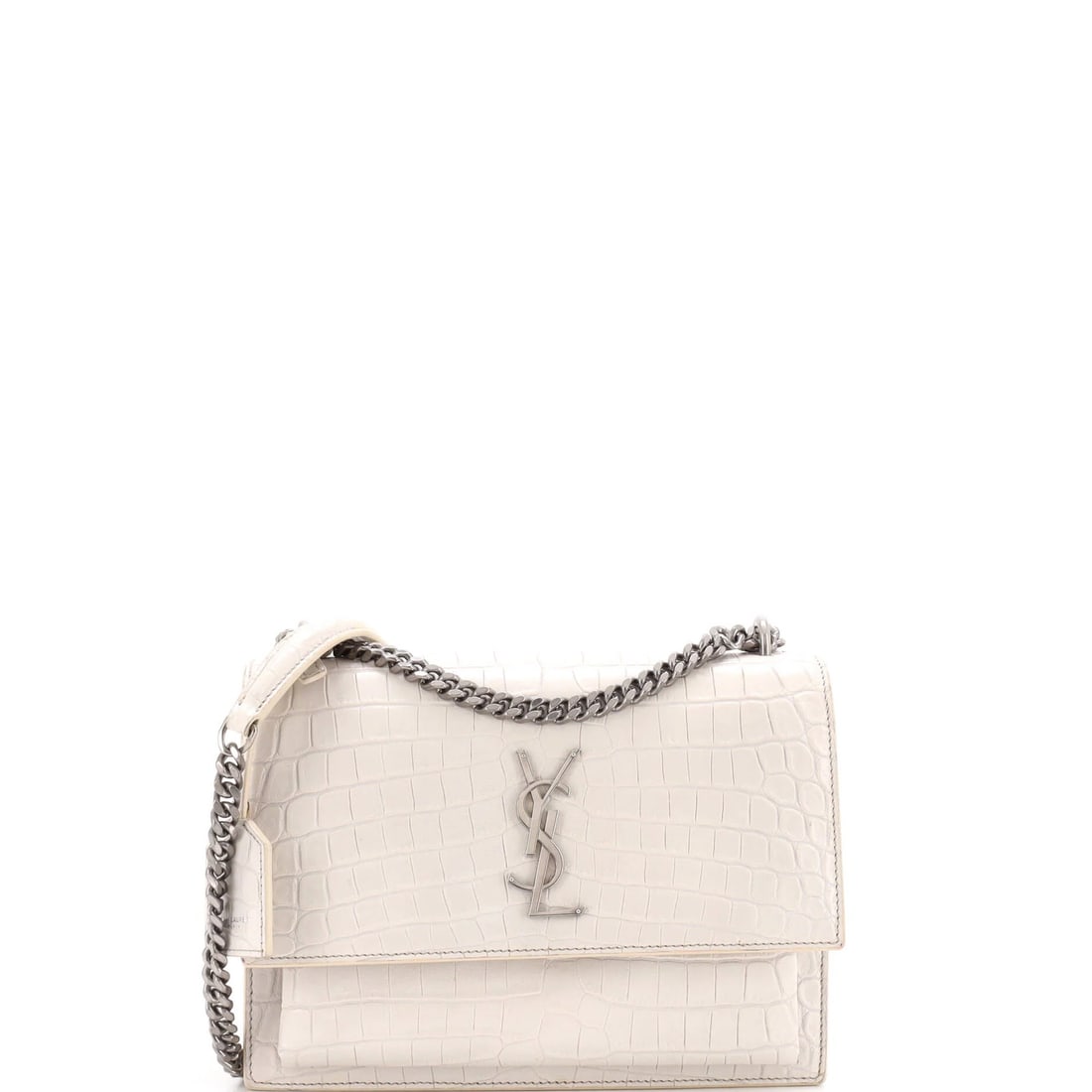 Saint Laurent Crocodile Embossed Leather Bag Crossbody Medium: Saint Laurent Crocodile Embossed Leather Bag Crossbody Medium This Saint Laurent Crocodile Embossed Leather Medium Crossbody Bag boasts a neutral exterior with subtle scuffs and minor creases, adding