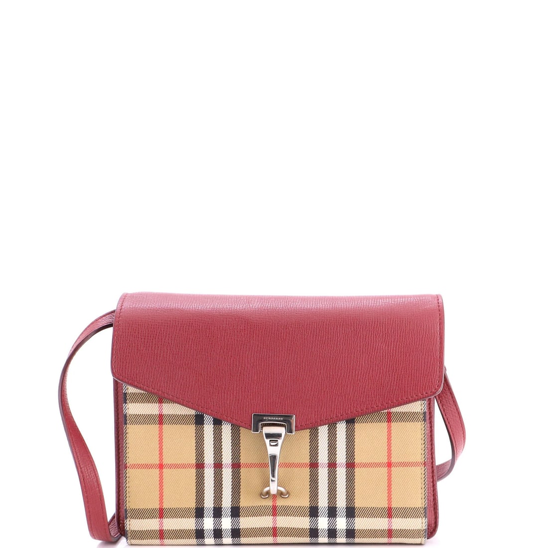 Leather crossbody bag with vintage check canvas small bag: Leather crossbody bag with vintage check canvas small bag Burgundy leather and vintage check canvas come together in this unique crossbody bag, featuring a classic small size with a 21-23" strap