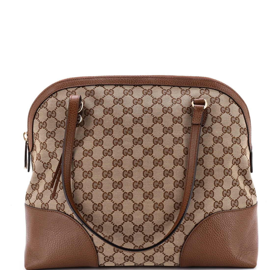 Canvas leather tote medium dome bree gucci GG: Canvas leather tote medium dome bree gucci GG Canvas leather tote medium dome Gucci GG features a brown exterior with minor creases and corner wear, complemented by gold tone hardware. The interior is