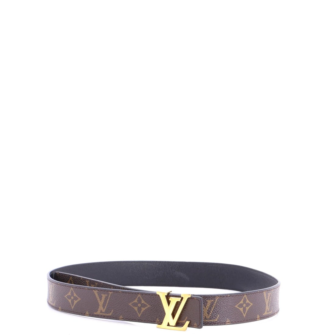 LV Iconic Reversible Monogram Belt Canvas Leather Medium: LV Iconic Reversible Monogram Belt Canvas Leather Medium Medium brown canvas leather belt with iconic reversible monogram design, featuring gold hardware and black interior. The exterior shows moderat
