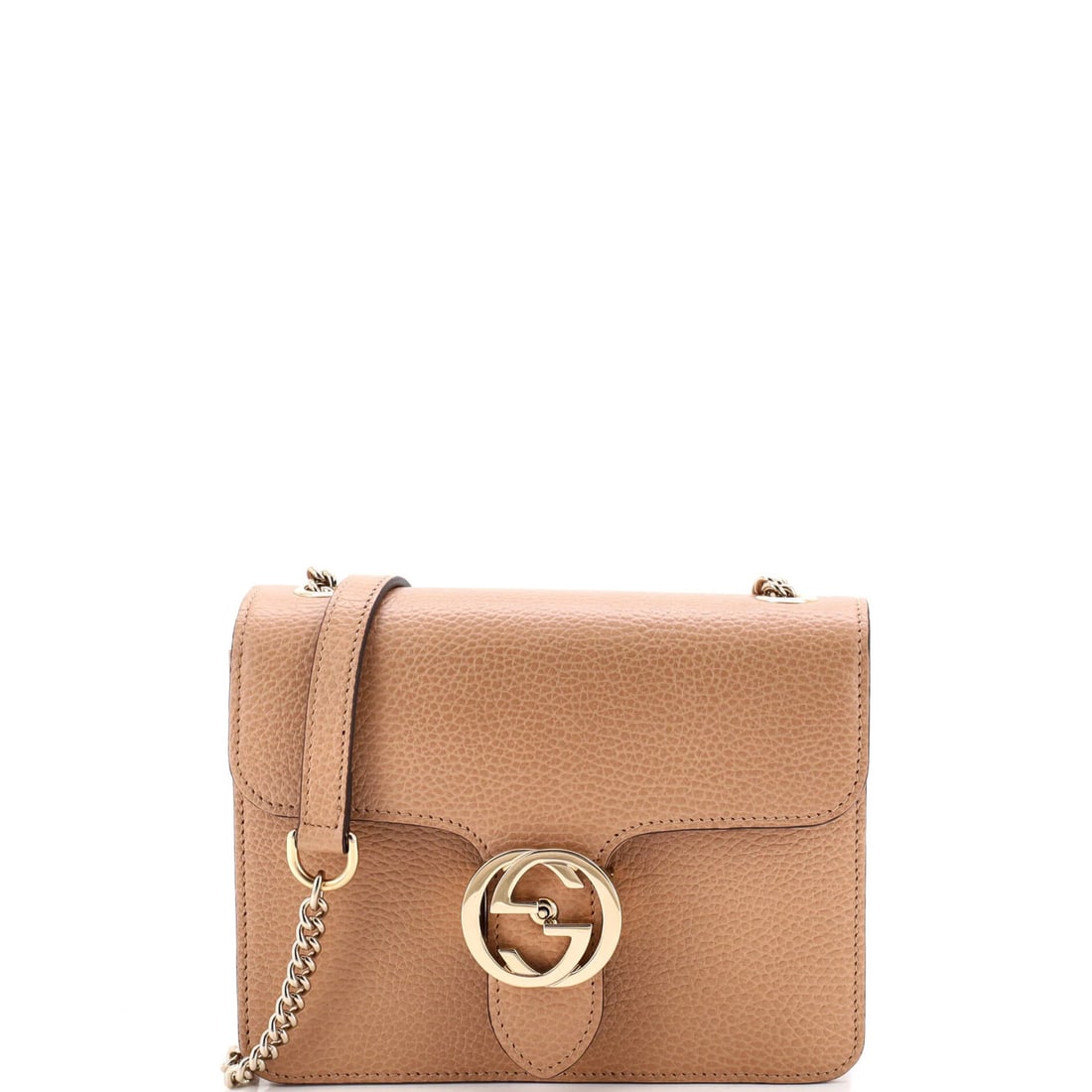 Small leather bag interlocking shoulder Gucci: Small leather bag interlocking shoulder Gucci Small Gucci leather shoulder bag with interlocking design, featuring neutral exterior and gold hardware. The bag measures small and has minor scuffs on