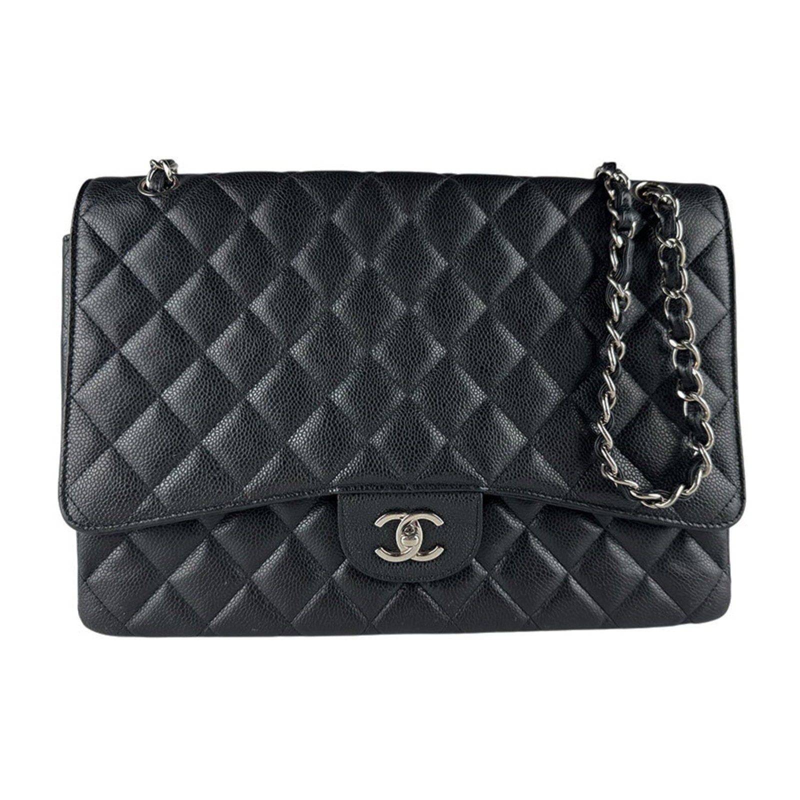 Calfskin Grained Chanel Bag: Calfskin Grained Chanel Bag Calfskin Grained Chanel Bag in Black.This black shoulder bag features a high-quality grained calfskin material and a classic design that exudes timeless elegance. The