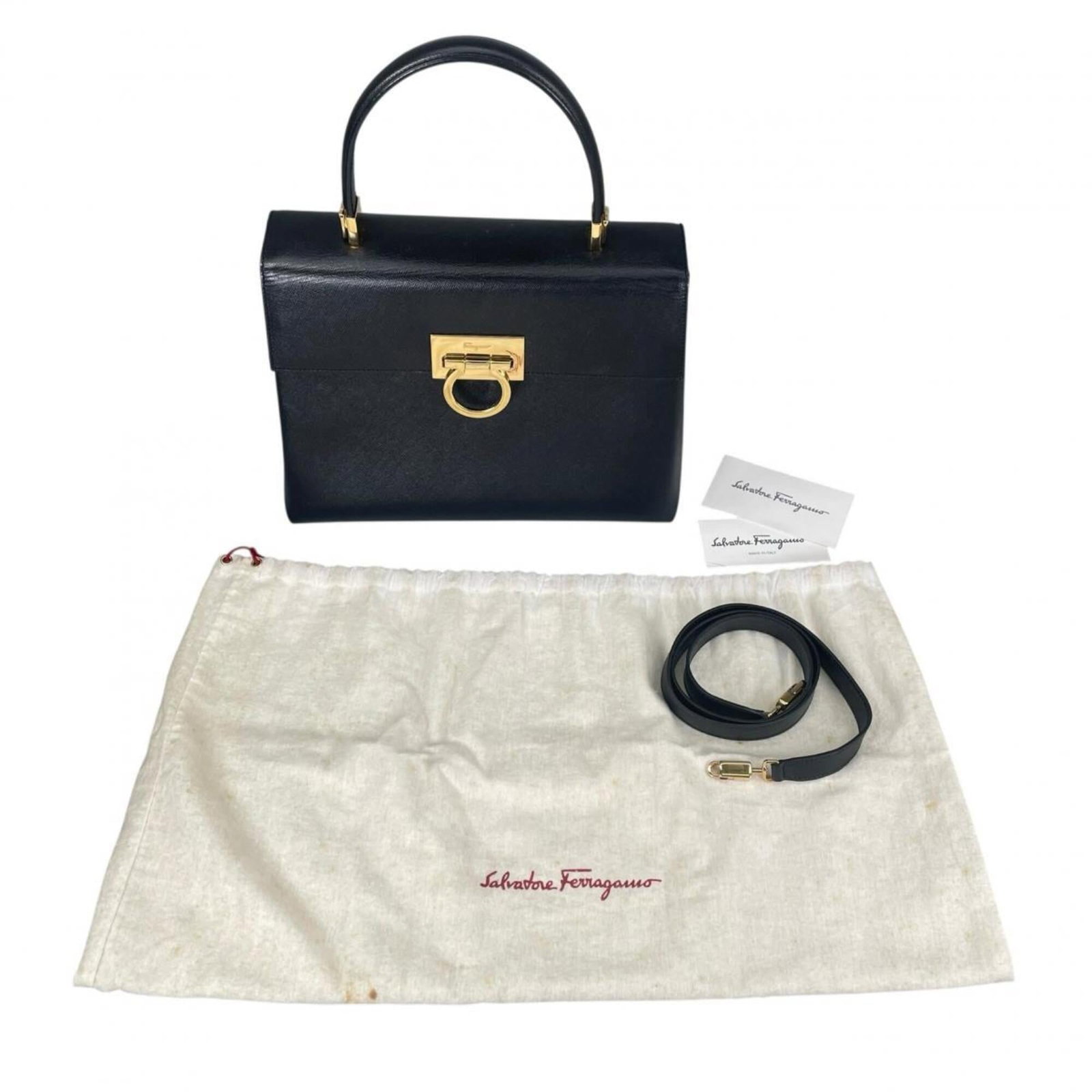 Handbag Salvatore Ferragamo Leather Shoulder: Handbag Salvatore Ferragamo Leather Shoulder Black leather shoulder bag from Salvatore Ferragamo, Italy, measuring 20cm x 26cm x 10.5cm. This classic design showcases the brand's signature