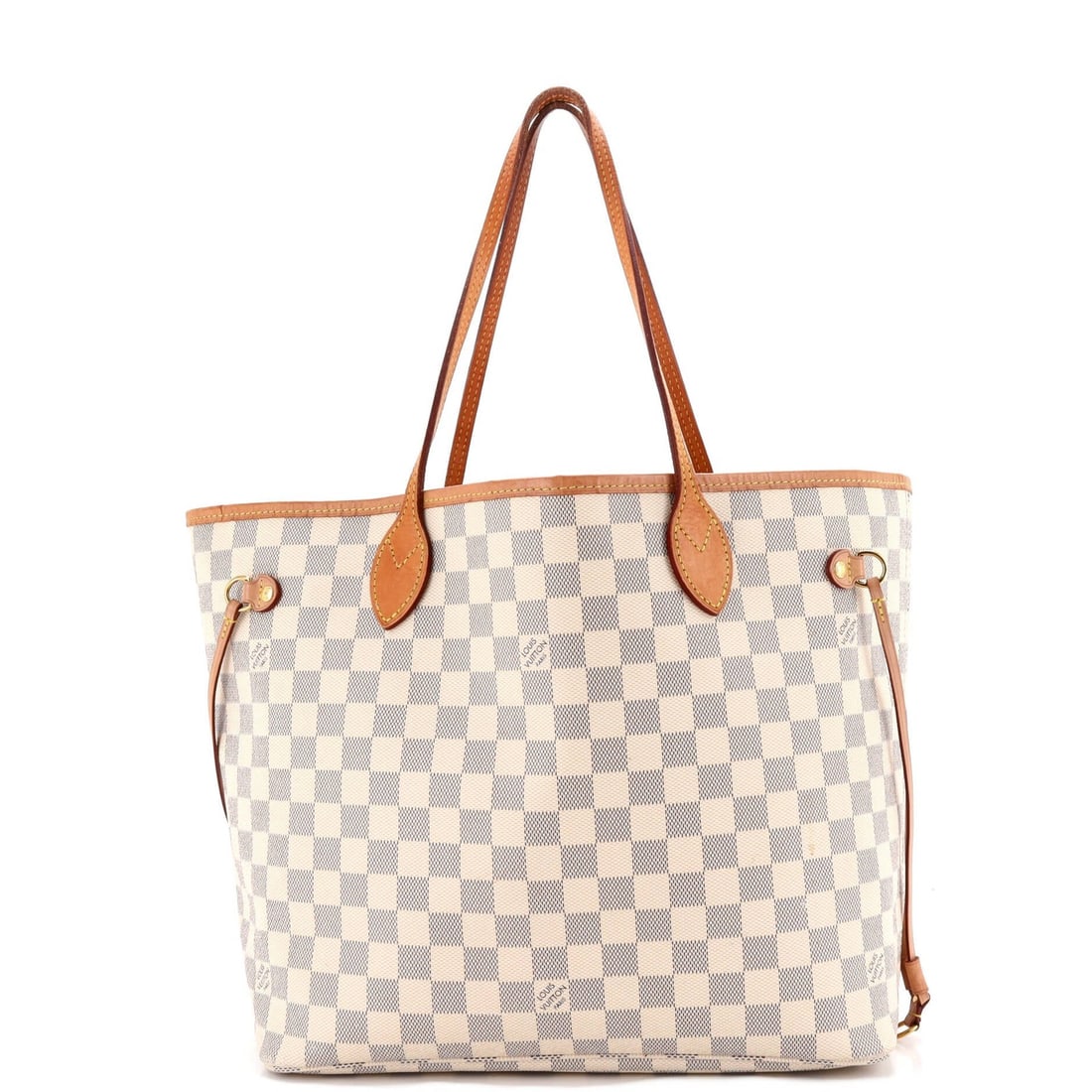 Louis Vuitton Neverfull NM Tote Damier MM: Louis Vuitton Neverfull NM Tote Damier MM White Louis Vuitton Neverfull NM Tote Damier MM in fair condition, featuring canvas-coated exterior with minor corner wear and edge wear. The tote measures 11