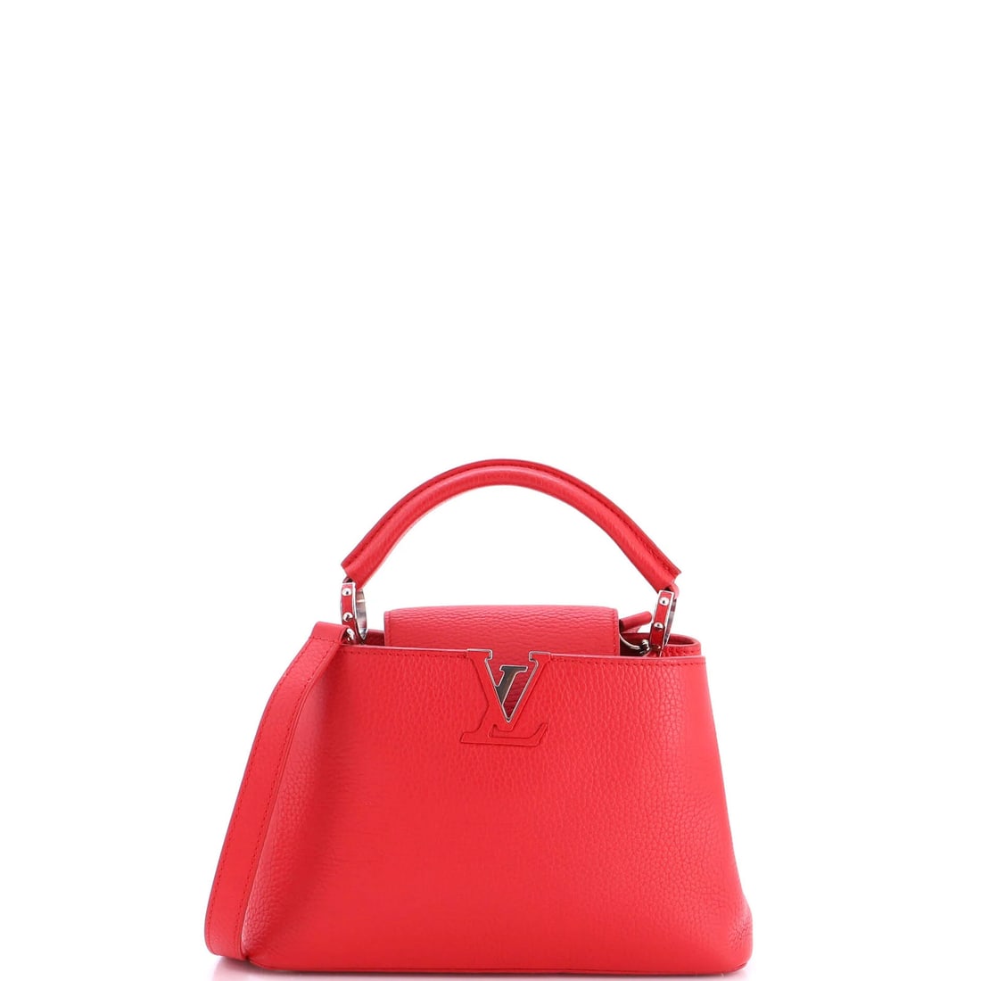 Louis Vuitton Capucines Bag Leather BB: Louis Vuitton Capucines Bag Leather BB The Louis Vuitton Capucines Bag Leather BB boasts a striking red exterior with heavy corner wear, scuffs, and edge wear. This stylish top handle bag measures 7"
