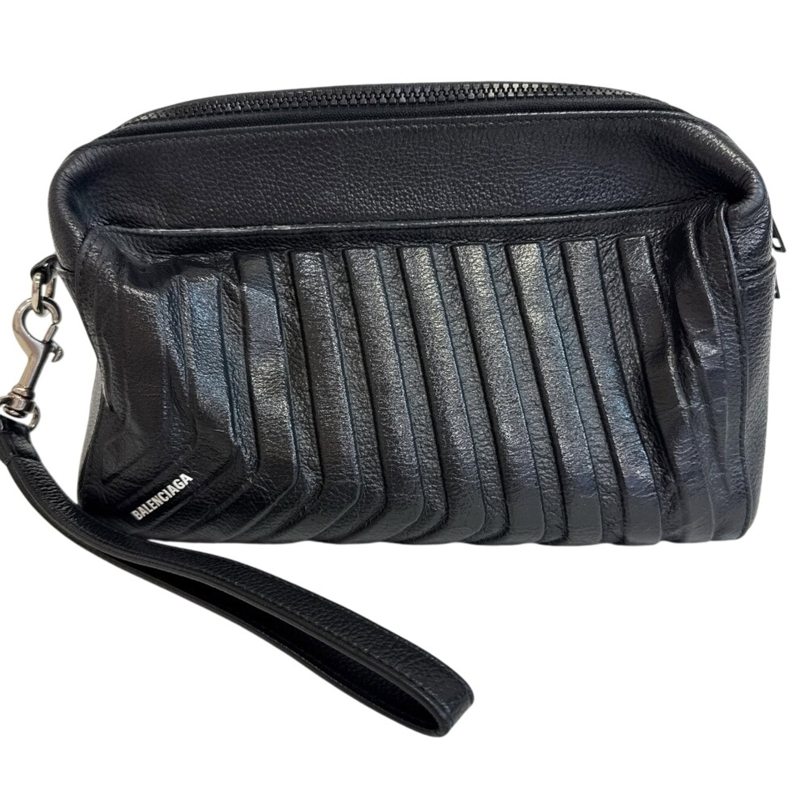 Bag Clutch Leather Pouch Balenciaga: Bag Clutch Leather Pouch Balenciaga Black leather pouch from Balenciaga, measuring 14.5cm x 25cm x 7.5cm, with a sleek and modern design that fits neatly in the hand. The bag's compact size makes it