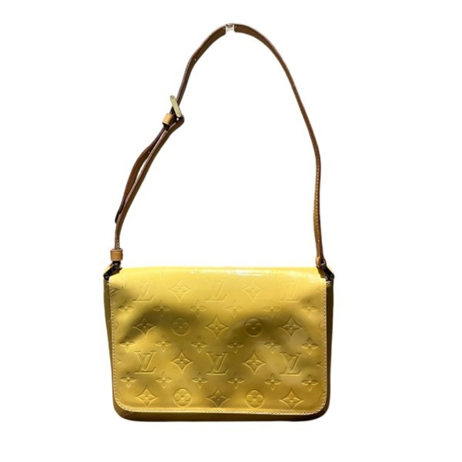 Louis Vuitton Handbag Shoulder Bag Leather: Louis Vuitton Handbag Shoulder Bag Leather Made from high-quality leather, this Louis Vuitton shoulder bag boasts a striking lime yellow enamel finish. With its sleek design and compact size, it's