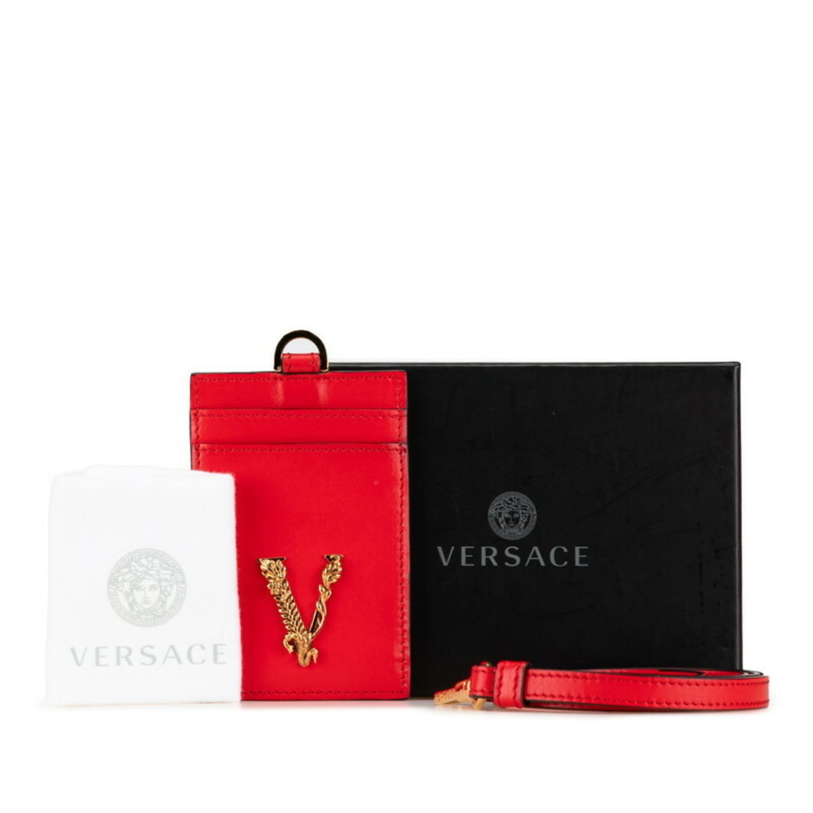 Versace Card Case Leather: Versace Card Case Leather The Versace Card Case Leather is a bold, red leather card case made from premium material. Measuring 10.5cm x 7cm x 5mm, it comes with a luxurious dust bag and box for