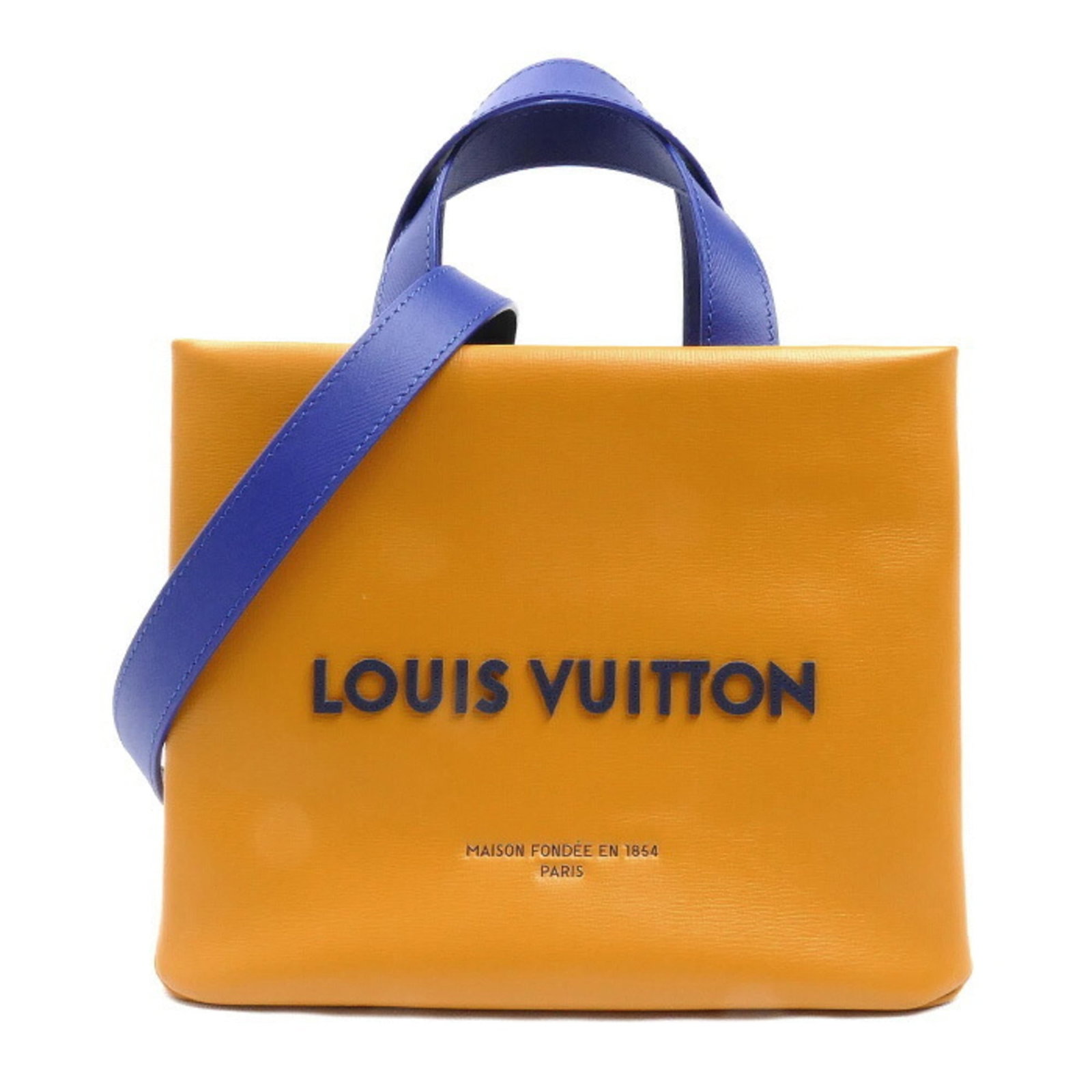Shoulder Bag Leather Louis Vuitton: Shoulder Bag Leather Louis Vuitton The Louis Vuitton Shoulder Bag features a striking blue and orange color combination, crafted from high-quality calfskin leather. This stylish bag boasts a sleek des