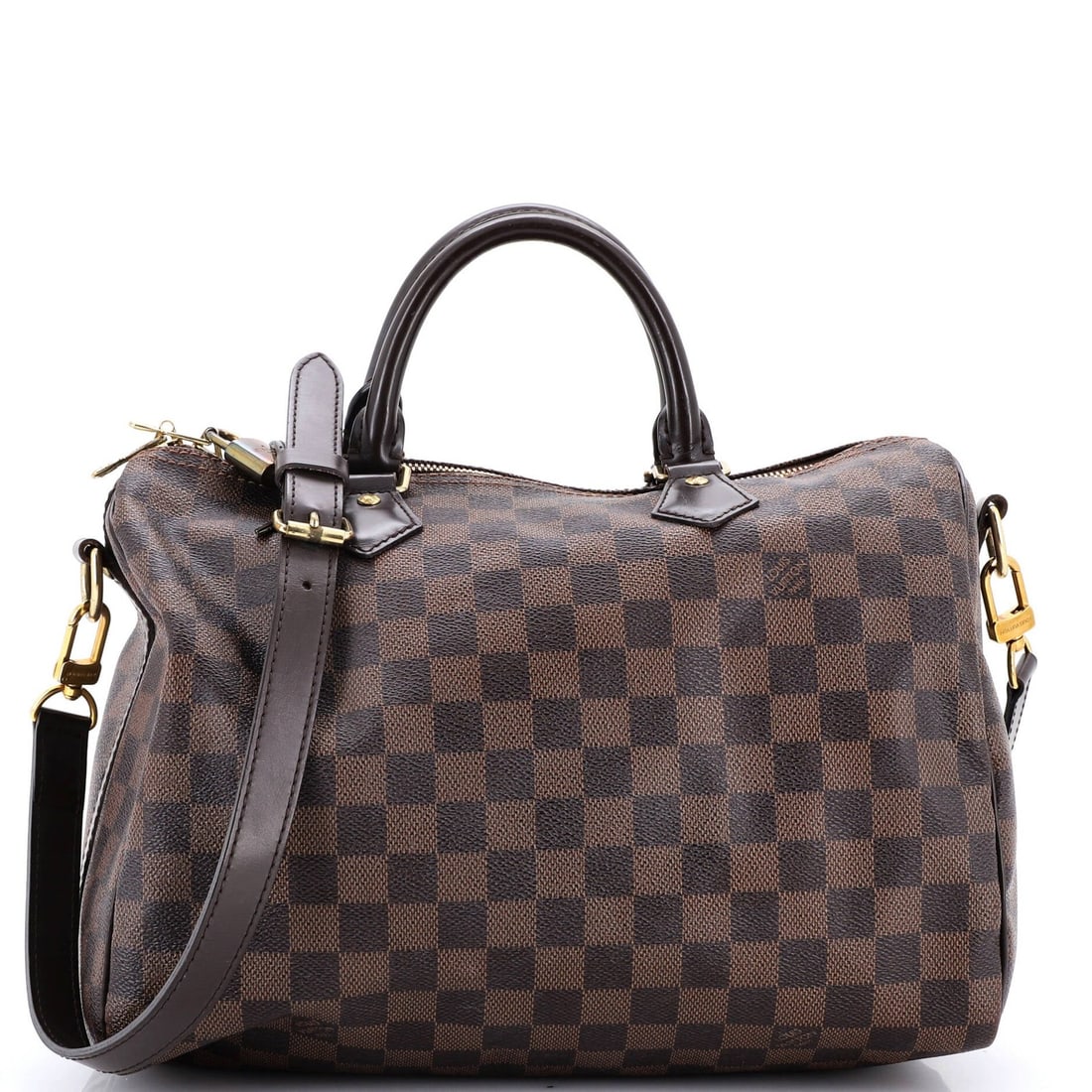 Damier Louis Vuitton Speedy Bandouliere Bag: Damier Louis Vuitton Speedy Bandouliere Bag The Damier Louis Vuitton Speedy Bandouliere Bag boasts its iconic canvas coated exterior in a beautiful brown hue, complemented by contrasting blue and red