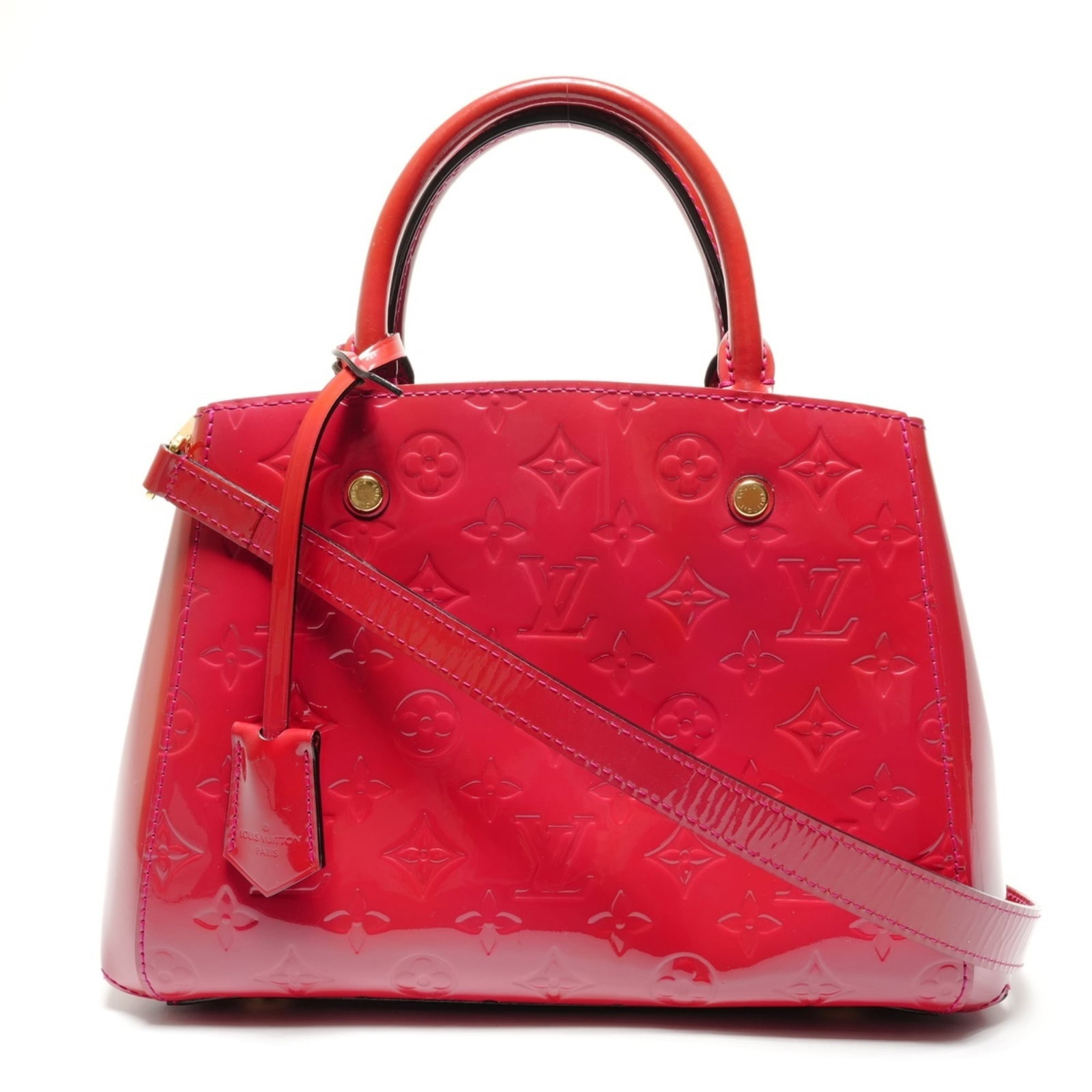 Handbag Vernis Louis Vuitton: Handbag Vernis Louis Vuitton Red Vernis Louis Vuitton Handbag, measuring 20cm x 29cm x 12cm, features the iconic vernis material and a classic design. Brought to you by the renowned French fashion