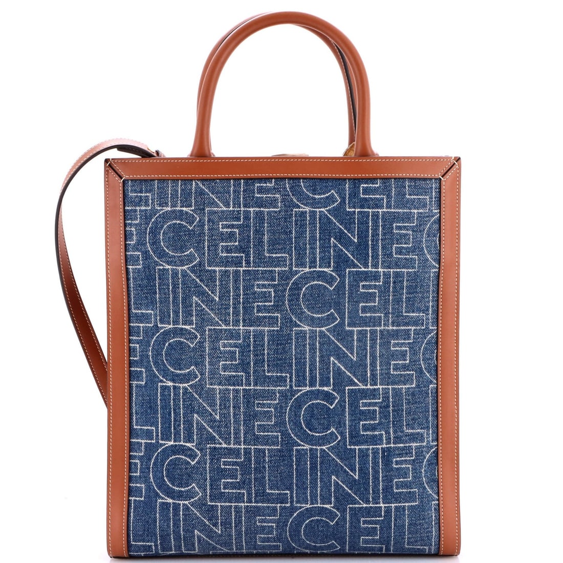 Celine Vertical Cabas Tote Triomphe Denim and Leather Small: Celine Vertical Cabas Tote Triomphe Denim and Leather Small Small Celine Vertical Cabas Tote Triomphe in Denim and Leather. This blue, brown striped tote features gold hardware and measures 12.5" tall