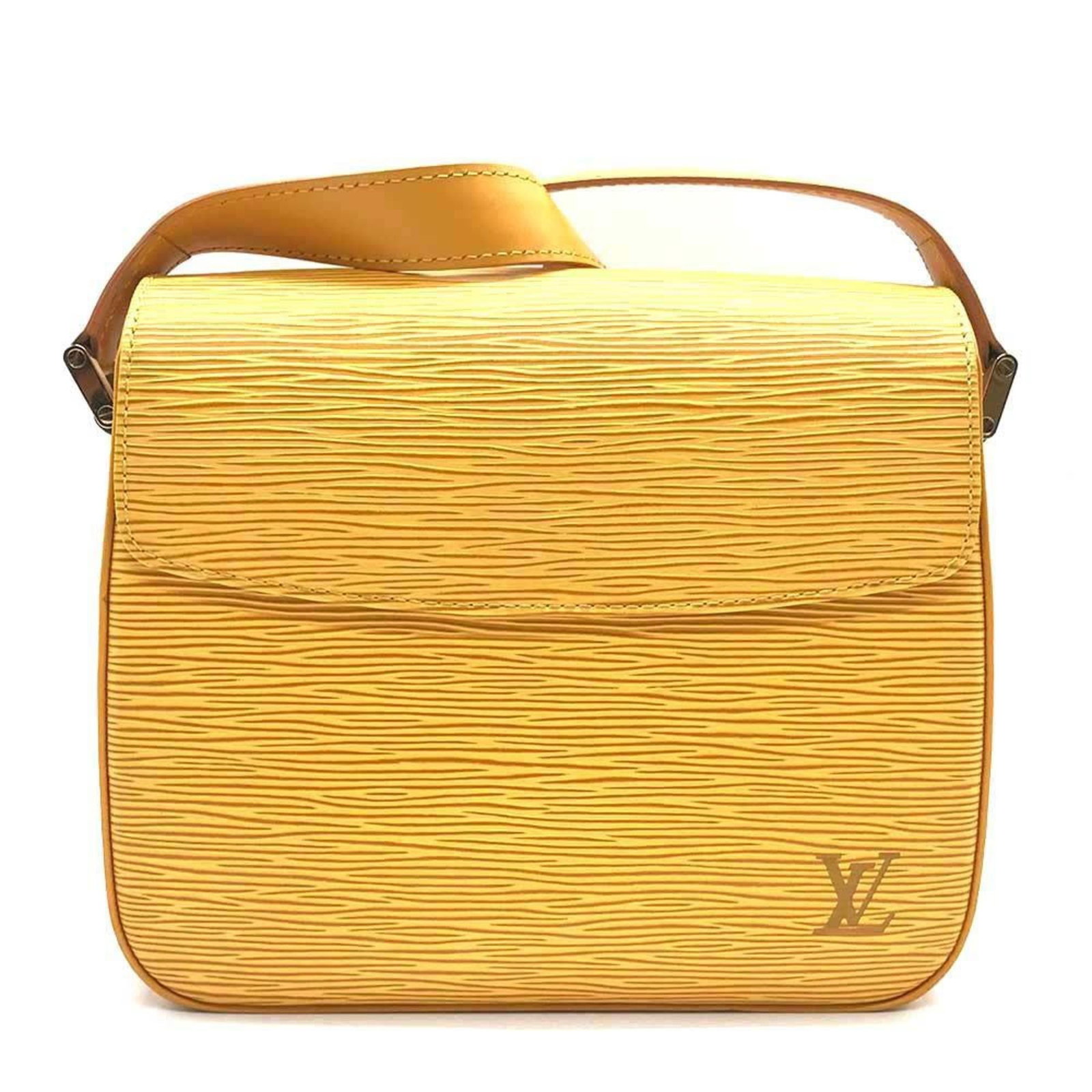 Vuitton Leather Epi Bag Shoulder Louis: Vuitton Leather Epi Bag Shoulder Louis Yellow Epi leather shoulder bag with classic Louis Vuitton design, measuring 17cm x 20.5cm. Comes with a dust bag for protection and storage. A stylish