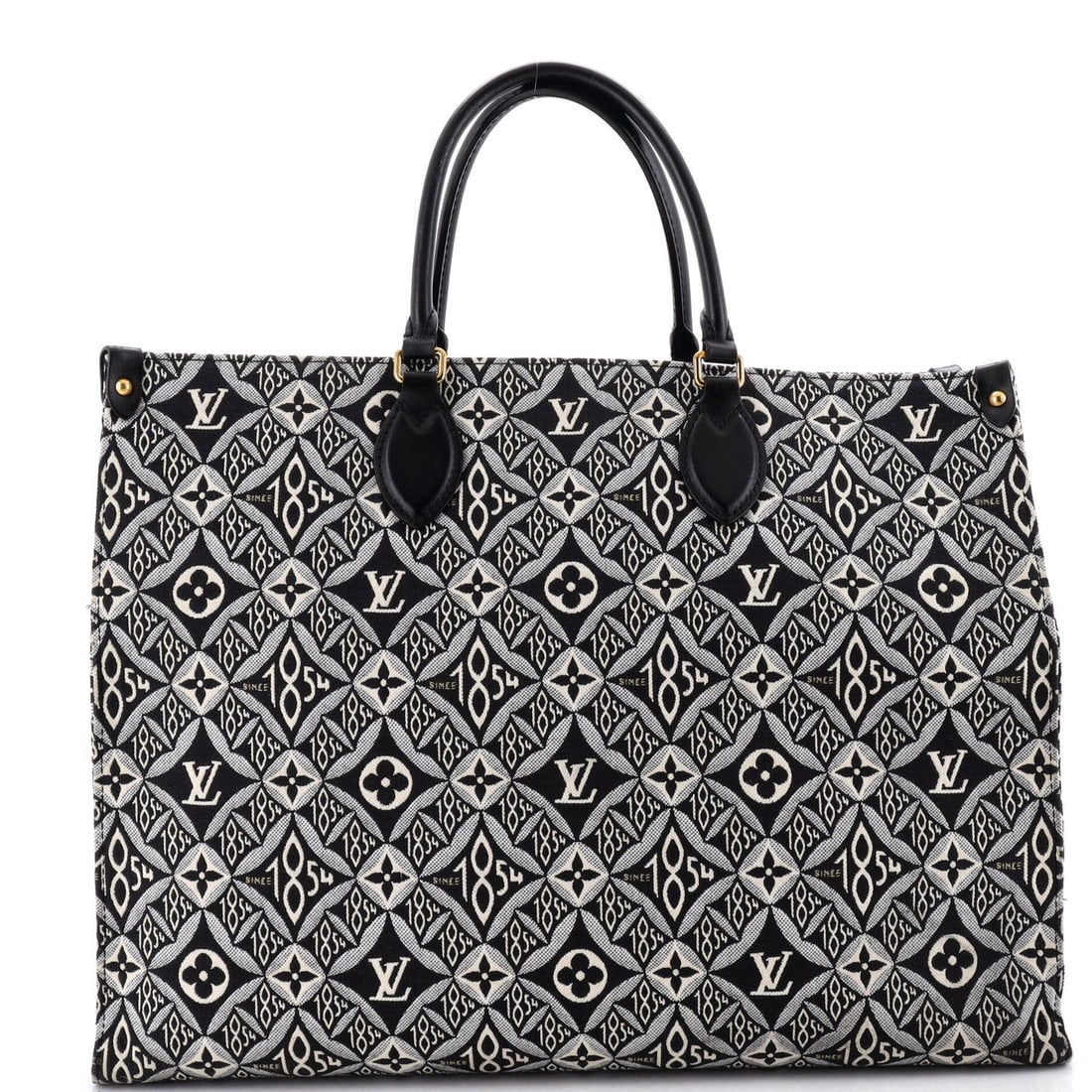 Limited Edition Tote Monogram Since 1854 GM Louis Vuitton OnTheGo: Limited Edition Tote Monogram Since 1854 GM Louis Vuitton OnTheGo Black OnTheGo Tote with Limited Edition Since 1854 Monogram Jacquard GM exterior, featuring scuffs, edge wear, corner wear, and