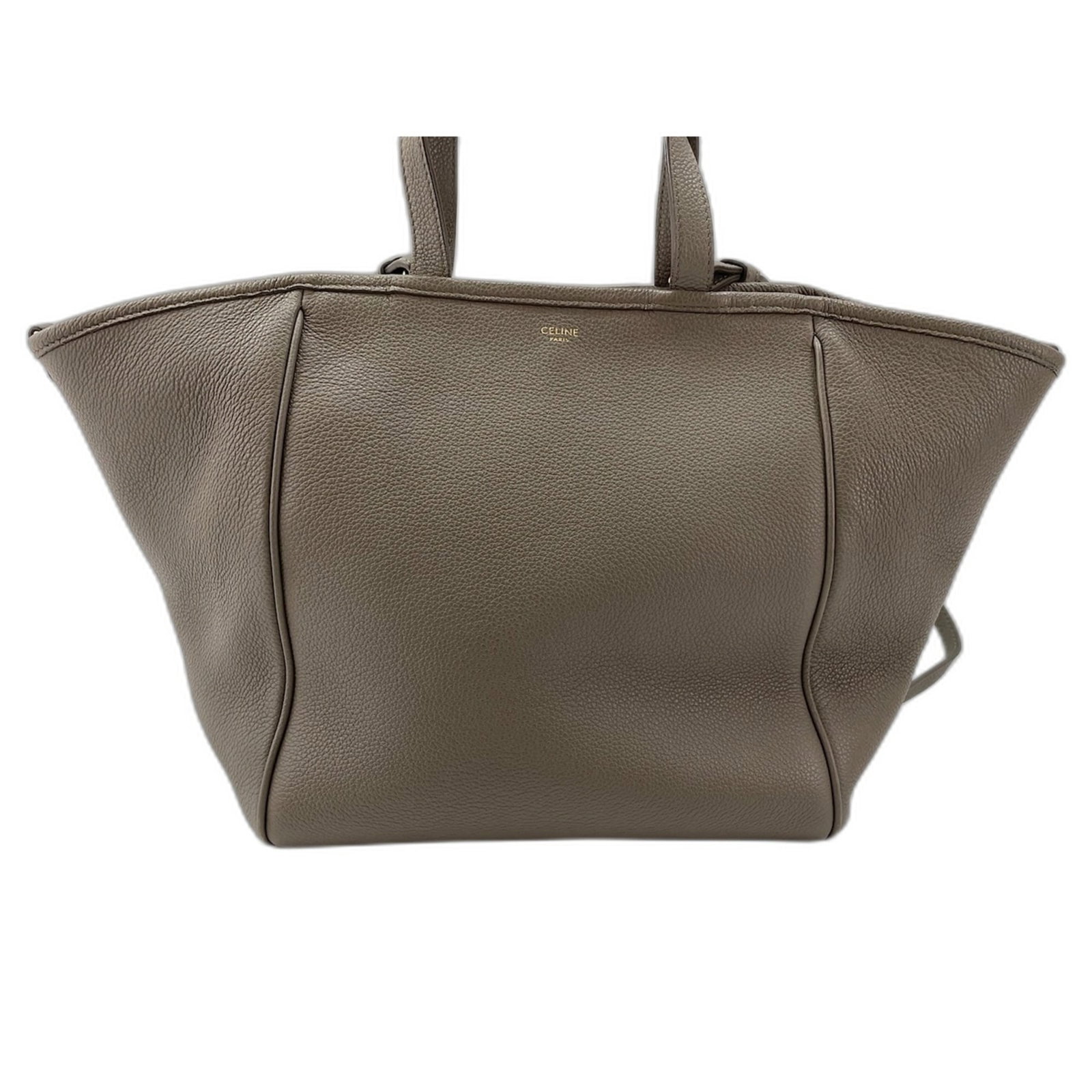 Celine bag leather: Celine bag leather Gray Celine Cabas shoulder bag made from high-quality leather, featuring a classic design with clean lines and a timeless look. The bag measures 23cm x 40cm x 12cm and has adjustabl