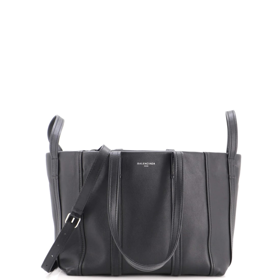 Cabas Small Leather Day Laundry Balenciaga: Cabas Small Leather Day Laundry Balenciaga Small Leather Cabas from Balenciaga, featuring black leather exterior with silver hardware and interior. This great condition tote has minor creases on the