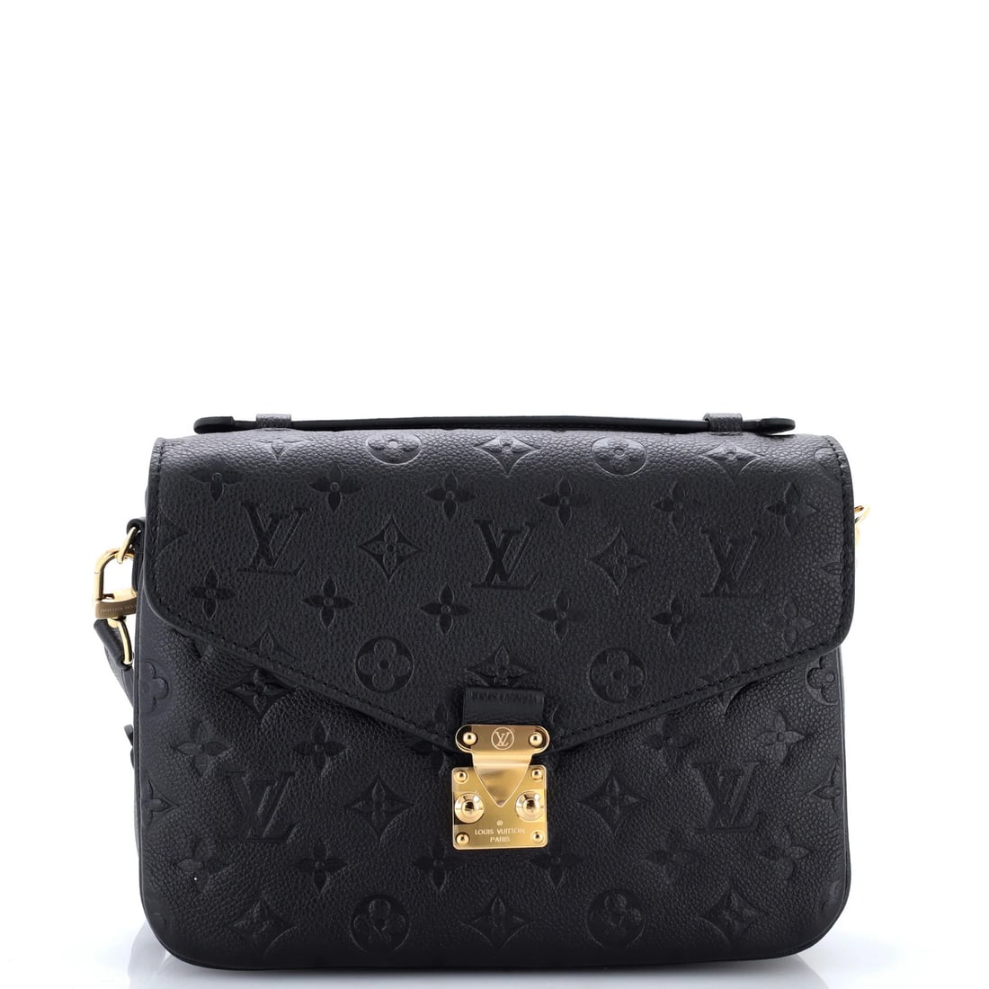 Louis Vuitton Pochette Metis Monogram Empreinte Leather: Louis Vuitton Pochette Metis Monogram Empreinte Leather The Louis Vuitton Pochette Metis Monogram Empreinte Leather cross body bag boasts sleek black leather exterior with subtle minor creases, while