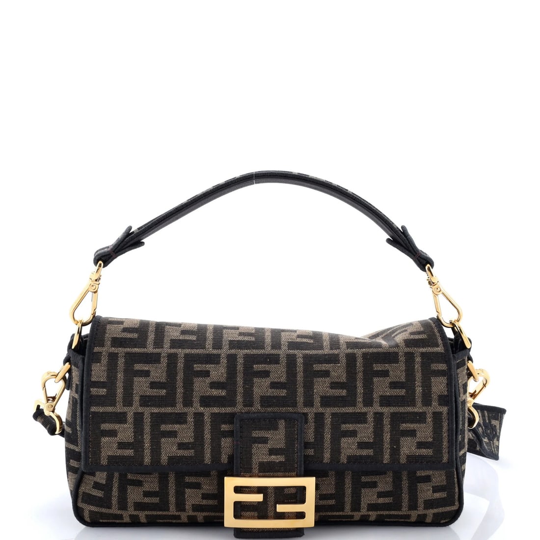 Fendi Baguette NM Bag Zucca Canvas Medium: Fendi Baguette NM Bag Zucca Canvas Medium The Fendi Baguette NM Bag Zucca Canvas Medium offers a stylish and versatile design, featuring a medium size with a brown canvas exterior and black interior.