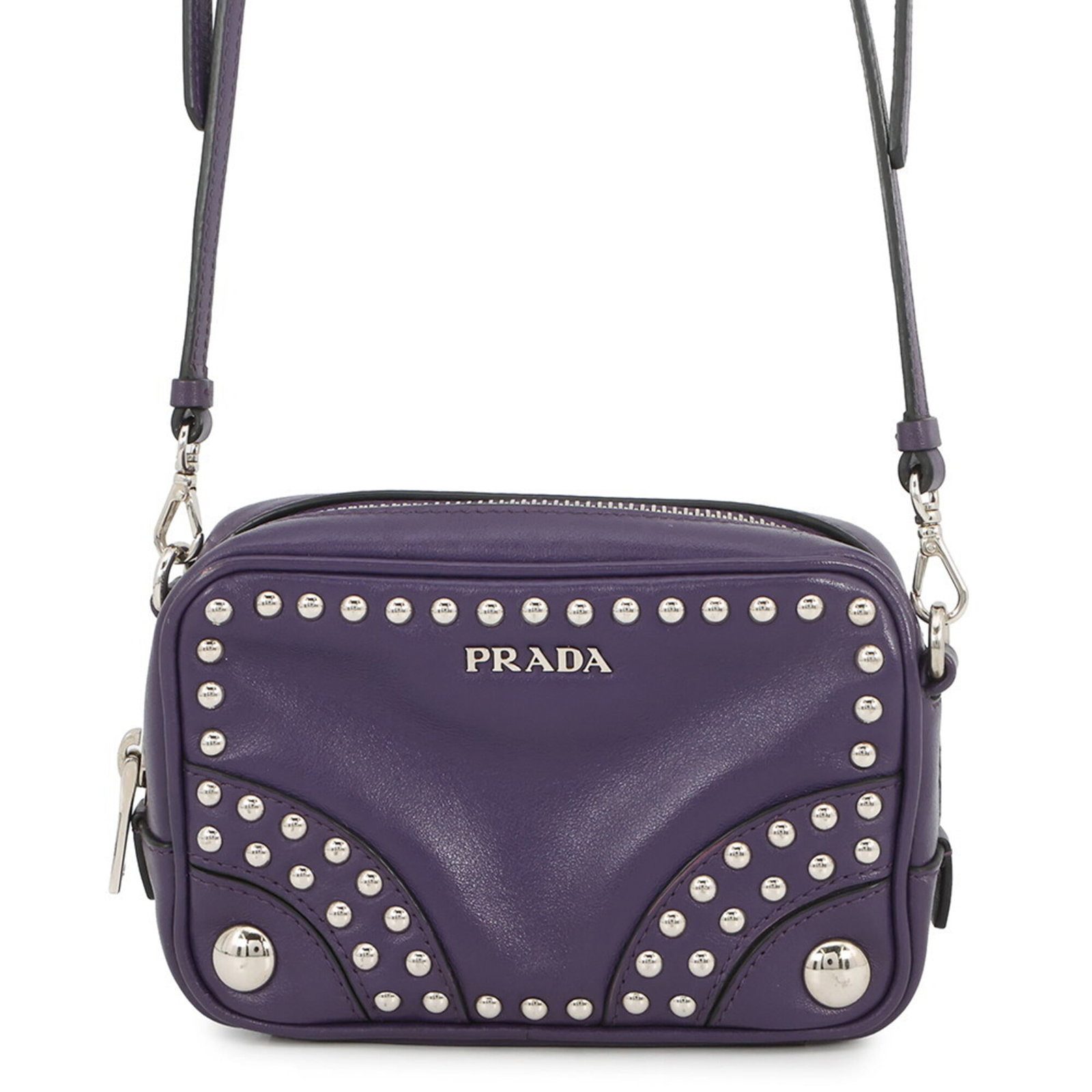 Shoulder Bag Prada Leather Handbag: Shoulder Bag Prada Leather Handbag This Prada leather shoulder bag boasts its rich purple hue and sleek design, measuring 10cm x 15cm x 5cm. Crafted from high-quality leather, the bag's classic style