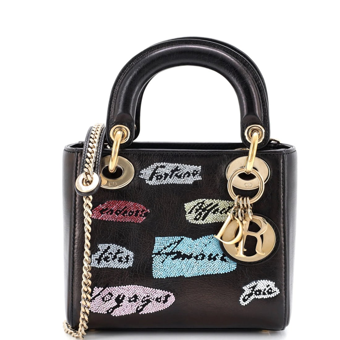 Christian Dior Lady Dior Beaded Leather Chain Mini Bag: Christian Dior Lady Dior Beaded Leather Chain Mini Bag The Christian Dior Lady Dior Beaded Leather Chain Mini Bag boasts a sleek, black design adorned with beading, adding a touch of sophistication to
