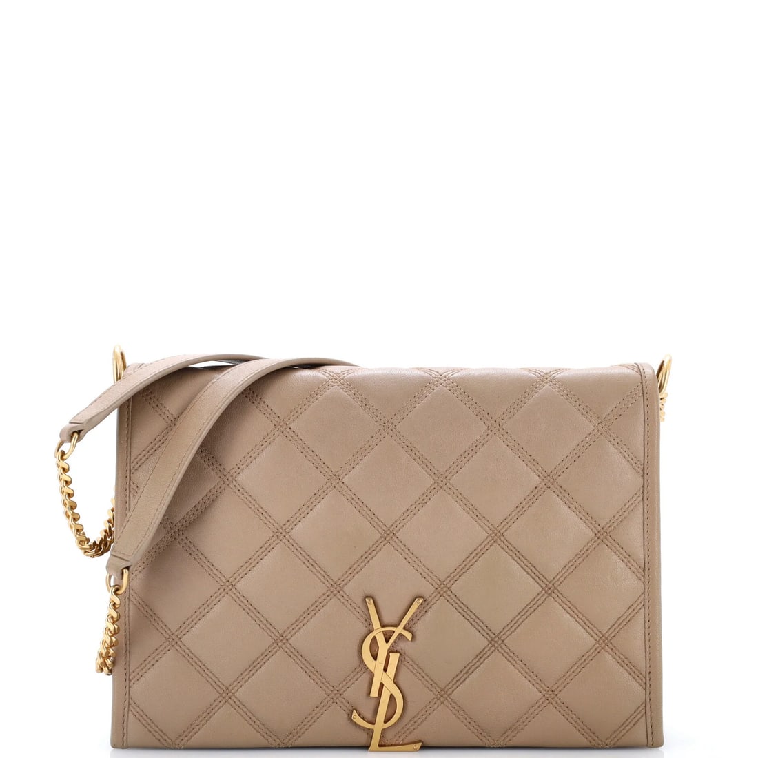 Becky Quilted Mini Shoulder Saint Laurent Bag: Becky Quilted Mini Shoulder Saint Laurent Bag The Becky Quilted Mini Shoulder Saint Laurent Bag features neutral leather exterior with quilted design, gold hardware, and black fabric interior. This