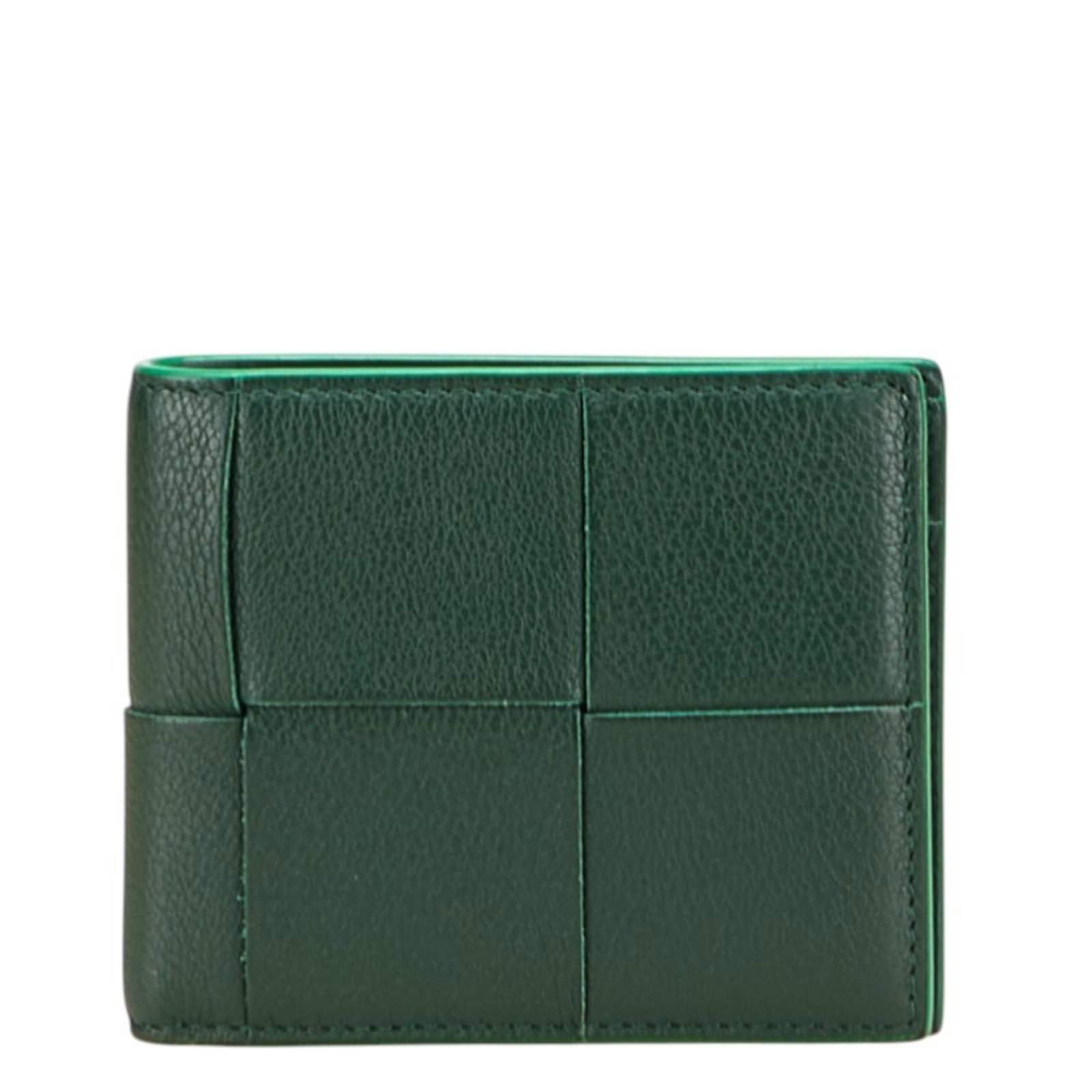 Veneta Bottega Bi Fold Leather Wallet: Veneta Bottega Bi Fold Leather Wallet Emerald green leather folds elegantly into a bi-fold design, showcasing Bottega Veneta's signature style. The open closure allows for easy access to card slots