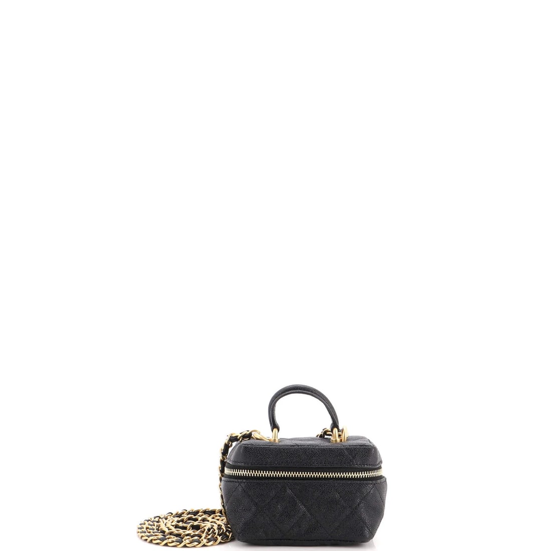 Zip around chain quilted top vanity case mini with caviar handle: Zip around chain quilted top vanity case mini with caviar handle Chain quilted top handle vanity case with caviar details, crafted from black leather and featuring an aged gold hardware. This mini clu