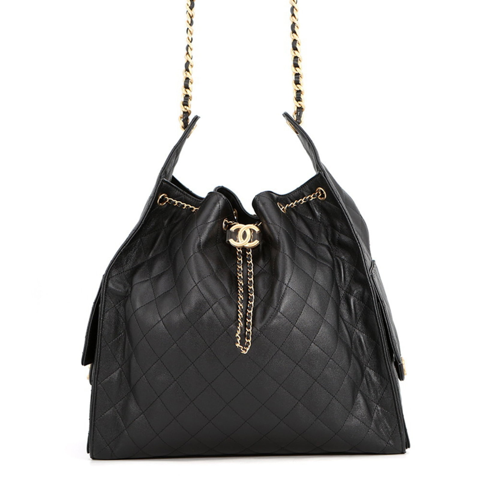 Calfskin handbag bag shoulder Chanel: Calfskin handbag bag shoulder Chanel Calfskin handbag bag shoulder from Chanel features a sleek black design made from high-quality grained Calfskin. Measuring 32.5cm x 35.5cm x 14.5cm, it offers a st