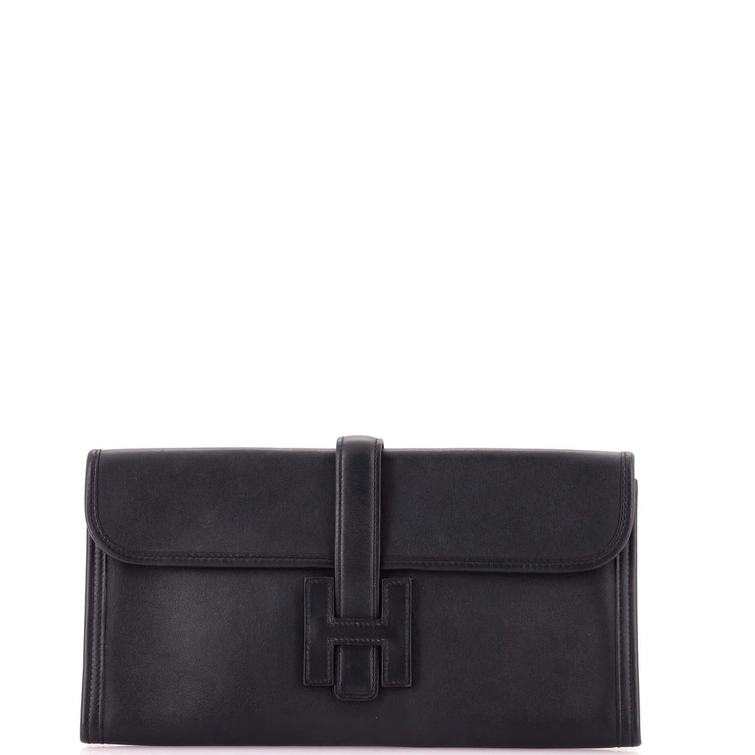 Jige Elan Hermes Swift Clutch: Jige Elan Hermes Swift Clutch The Jige Elan Hermes Swift Clutch is a sleek and sophisticated black leather clutch with a classic design. Measuring 6" in height, 11.5" in width, and 1" in depth, it