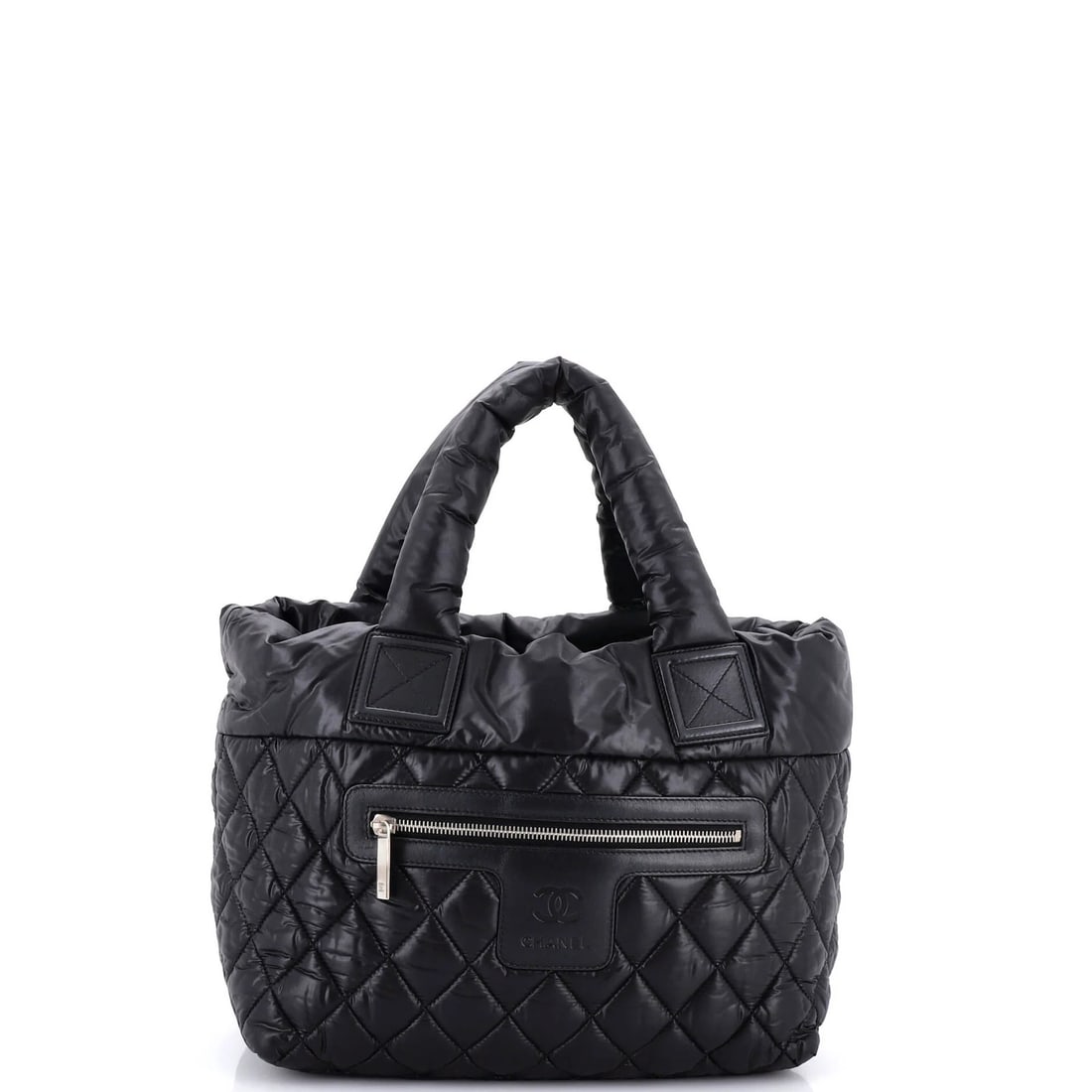 Chanel Coco Cocoon Reversible Tote Quilted Nylon Small: Chanel Coco Cocoon Reversible Tote Quilted Nylon Small Small Chanel Coco Cocoon Reversible Tote Quilted Nylon Bag with Black Exterior and Burgundy Interior, featuring minor creases on exterior and int