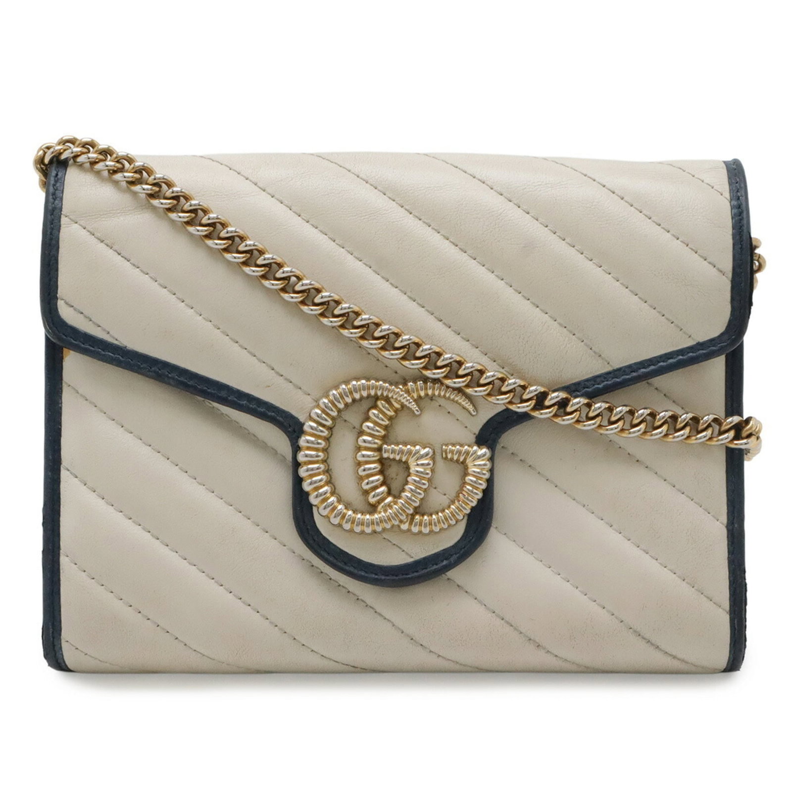 Gucci Leather Clutch Pochette Bag Shoulder: Gucci Leather Clutch Pochette Bag Shoulder Ivory and navy Gucci leather come together in this elegant GG Marmont pochette shoulder bag, featuring a sleek design with clean lines and a classic shape. T