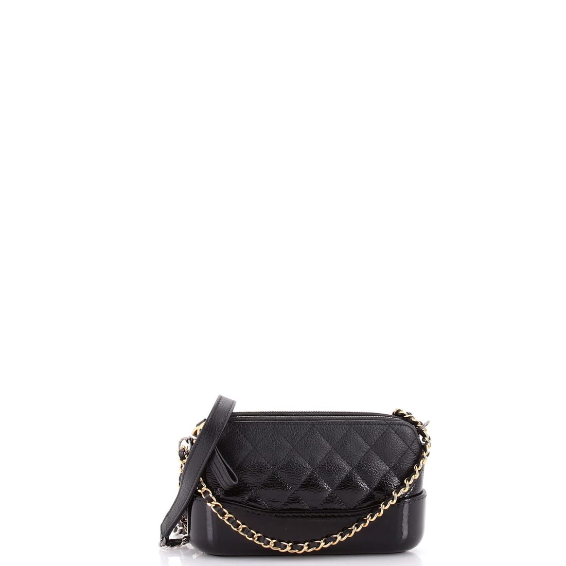 Quilted Goatskin Patent Double Zip Clutch with Chain Chanel Gabrielle: Quilted Goatskin Patent Double Zip Clutch with Chain Chanel Gabrielle Quilted goatskin and patent leather come together in sleek, black design. This Chanel Gabrielle double zip clutch features chain d