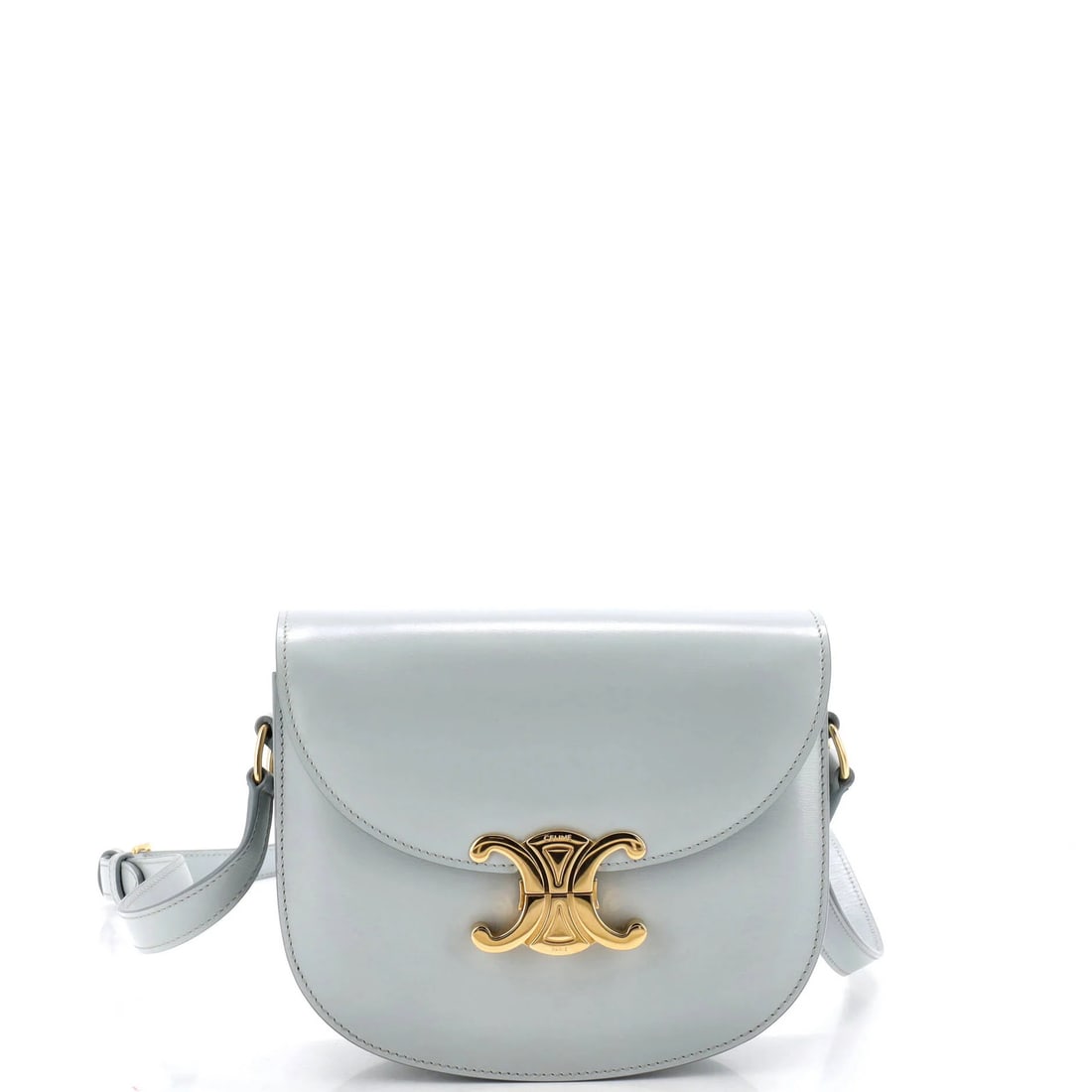Celine Triomphe Besace Clea Flap Bag Leather: Celine Triomphe Besace Clea Flap Bag Leather Blue Celine Triomphe Besace Clea Flap Bag Leather, featuring a classic shoulder design with gold hardware and interior. Measuring approximately 6" height, 