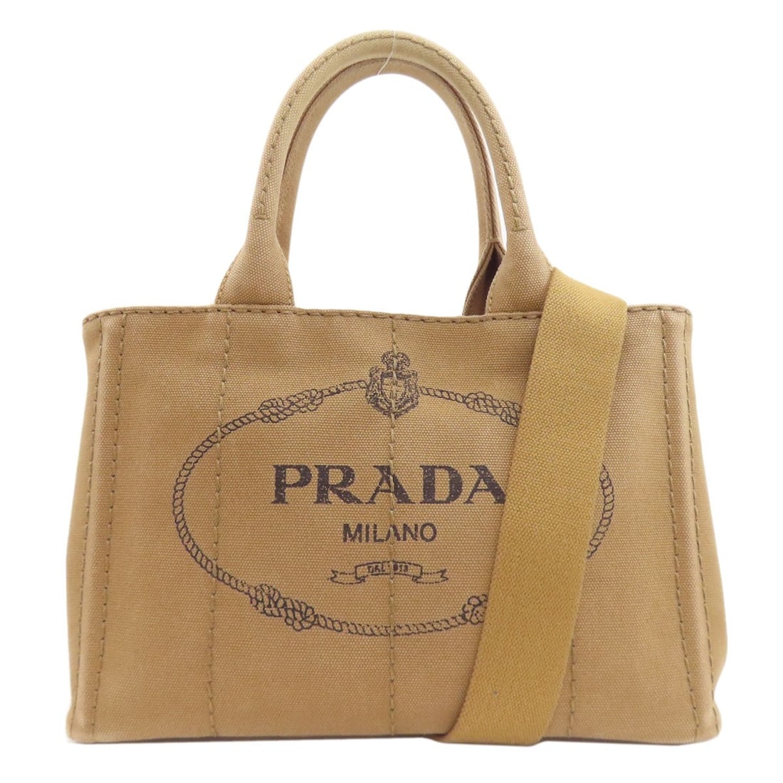 Prada Canapa Mini 2 Way Handbag Canvas: Prada Canapa Mini 2 Way Handbag Canvas Brown canvas Prada Canapa Mini 2 Way Handbag, featuring a classic design with a signature. This stylish handbag boasts a versatile 2-way closure and a timeless