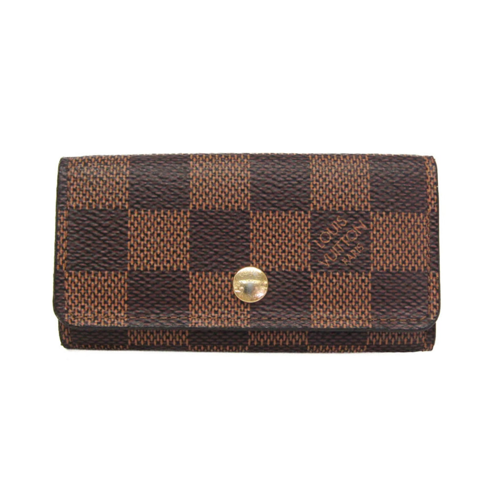 Damier canvas keycase by Louis Vuitton: Damier canvas keycase by Louis Vuitton Damier canvas keycase by Louis Vuitton, featuring the iconic Damier pattern in brown. This compact 4-key holder measures just 5.5cm x 10.5cm x 1.5cm and weighs a