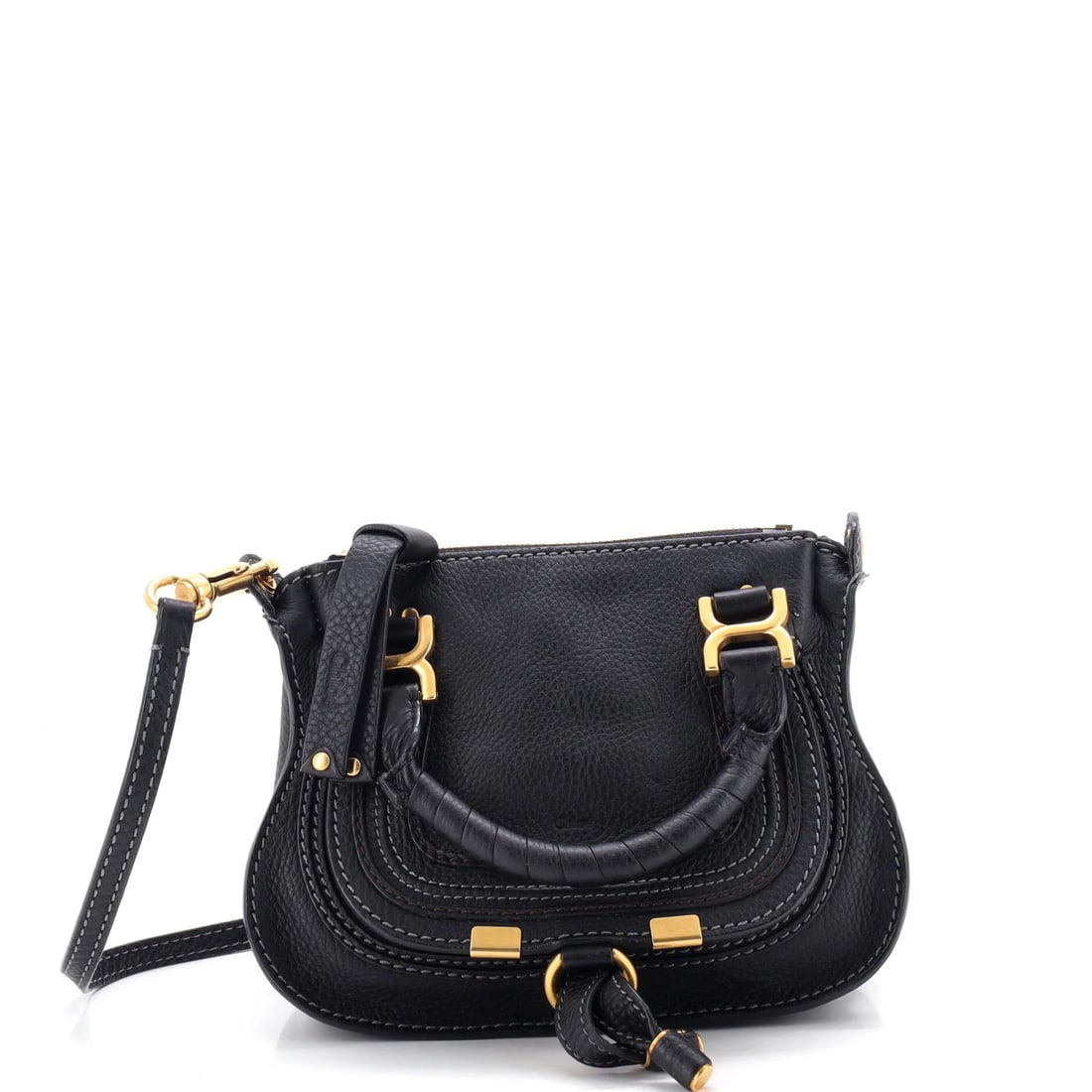 Marcie Chloe baby leather satchel: Marcie Chloe baby leather satchel The Marcie Chloe baby leather satchel boasts sleek, black exterior with minor creases and aged gold hardware. Its neutral interior and sturdy straps make it a