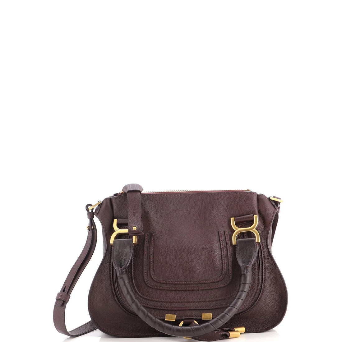 Chloe Small Leather Satchel Marcie: Chloe Small Leather Satchel Marcie The Chloe Small Leather Satchel Marcie boasts a rich burgundy exterior with minor creases and cracking, adding a touch of elegance to its classic design. Measuring