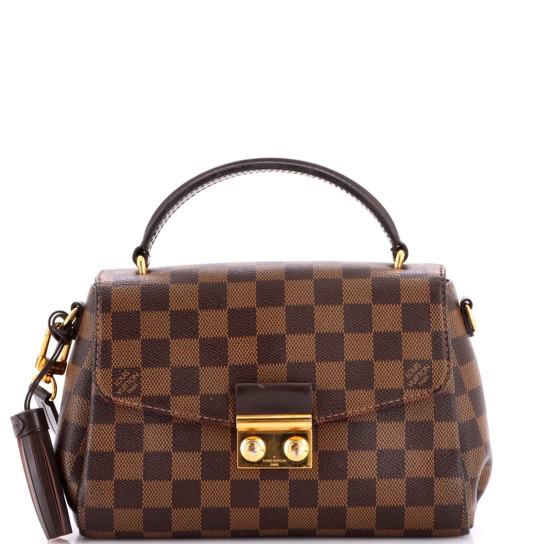 Handbag Damier Louis Vuitton Croisette: Handbag Damier Louis Vuitton Croisette Brown canvas coated Damier Louis Vuitton Croisette cross body bag with gold hardware and red interior, featuring minor scuffs, corner wear, and creases on