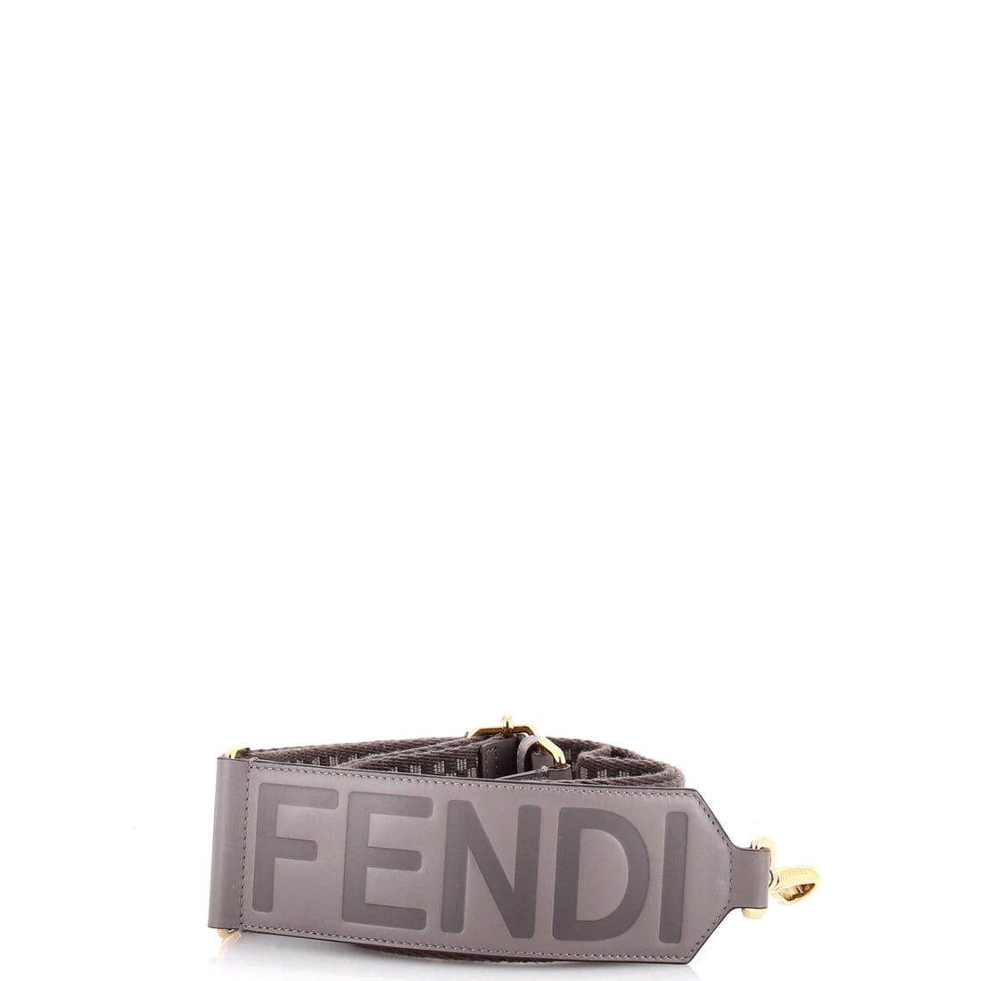 Fendi logo strap canvas leather shoulder check: Fendi logo strap canvas leather shoulder check Gray Fendi logo strap canvas leather shoulder check with gold hardware, featuring minor scuffs and discoloration throughout. The exterior material is