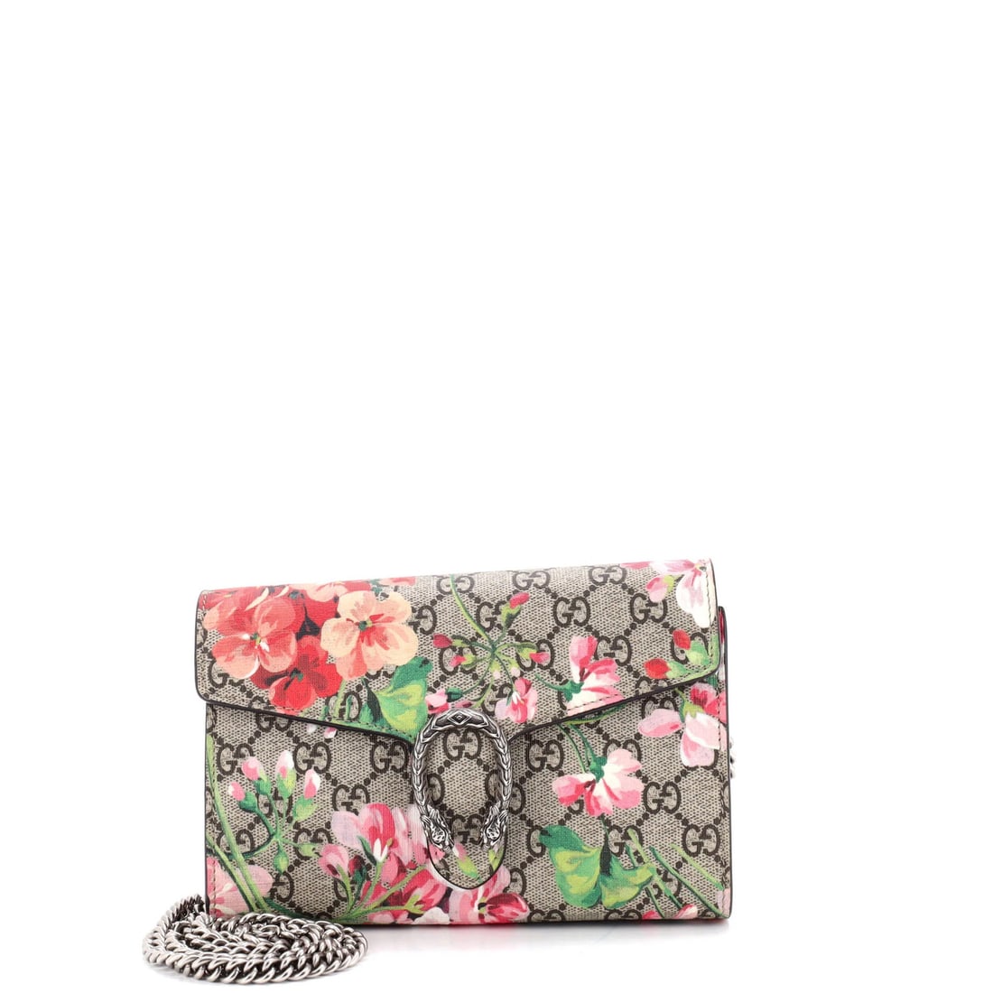 Dionysus Chain Wallet Blooms Print Coated Canvas Gucci Small GG: Dionysus Chain Wallet Blooms Print Coated Canvas Gucci Small GG Small Dionysus Chain Wallet Blooms Print Coated Canvas Gucci Bag in Pink with Silver Hardware. This canvas coated leather cross body