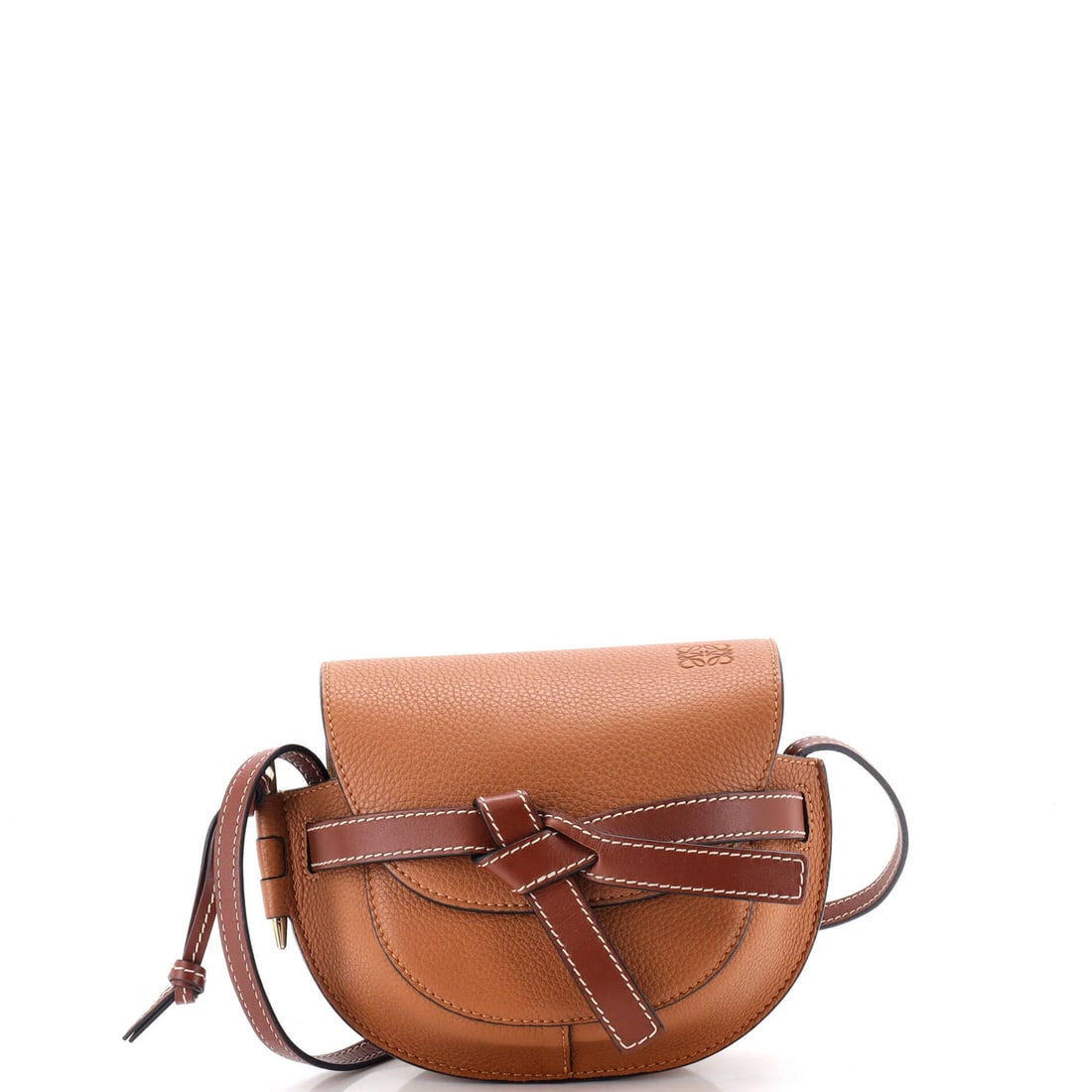 Leather mini bag gate shoulder loewe: Leather mini bag gate shoulder loewe Brown leather mini cross body bag with gold tone hardware, featuring suede interior and scuffed exterior. The Gate Shoulder Bag measures 5" height, 8" width, and