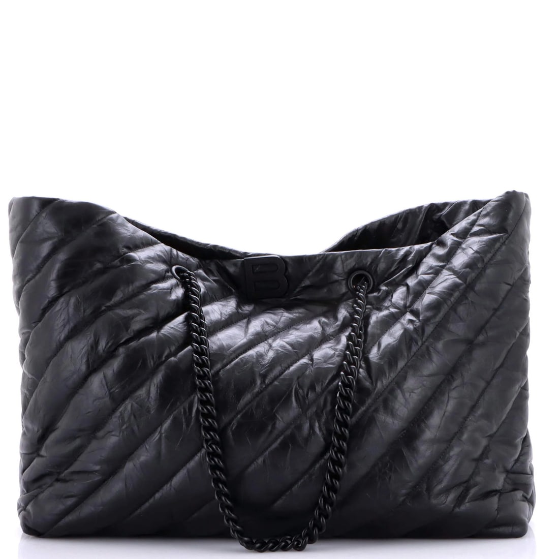 Balenciaga Crush Carry All Chain Tote Quilted Leather Large: Balenciaga Crush Carry All Chain Tote Quilted Leather Large Black quilted leather Balenciaga Crush Carry All Chain Tote measures 12.5" tall, 18" wide, and 7" deep. The exterior features heavy corner w