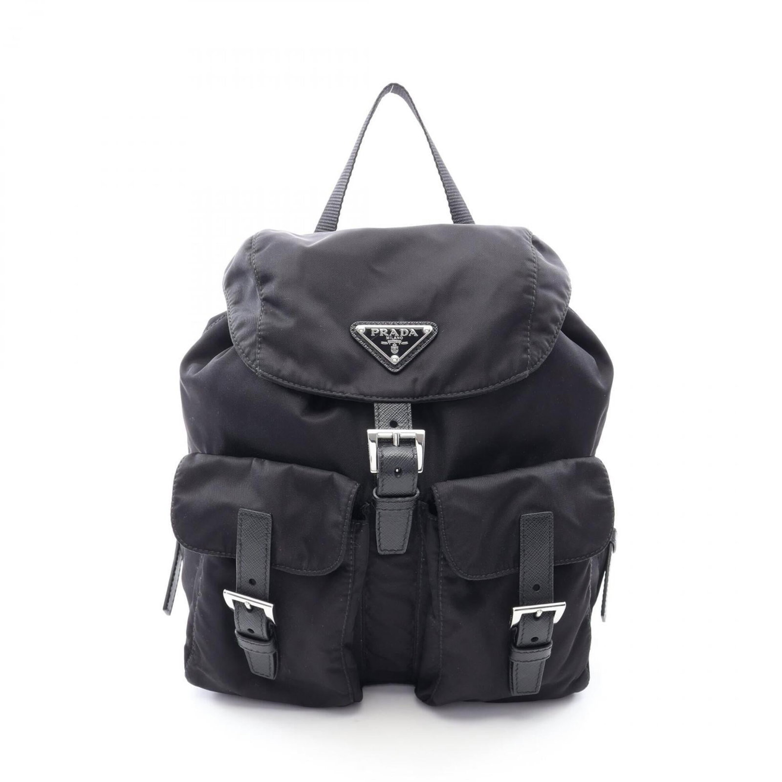 Nylon Leather Backpack Handbag: Nylon Leather Backpack Handbag Nylon and leather combine in sleek, modern design. This Prada backpack handbag features a durable nylon exterior with a touch of luxurious leather trim. Its compact size