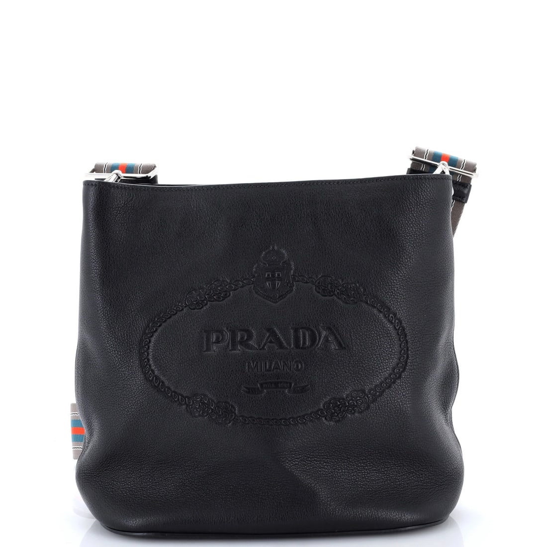 Vitello Phenix Medium Prada Logo Messenger Bag Bucket: Vitello Phenix Medium Prada Logo Messenger Bag Bucket The Vitello Phenix Medium Prada Logo Messenger Bag Bucket boasts sleek, black leather exterior with subtle signs of wear, adding to its unique