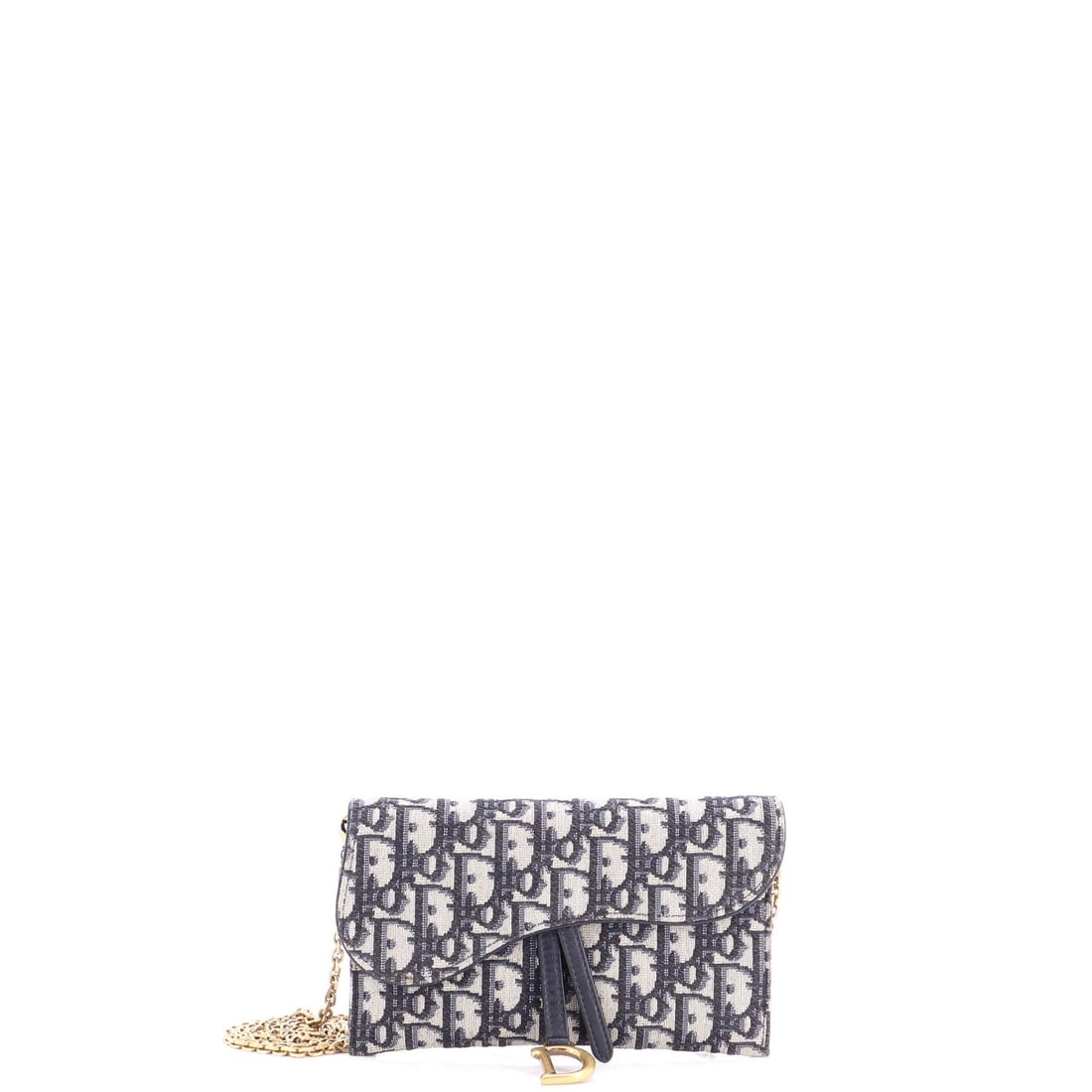 Canvas Oblique Saddle Clutch Chain Dior Christian: Canvas Oblique Saddle Clutch Chain Dior Christian Canvas Oblique Saddle Clutch Chain Dior Christian - A stylish blue canvas oblique saddle clutch with aged gold hardware, featuring a signature and