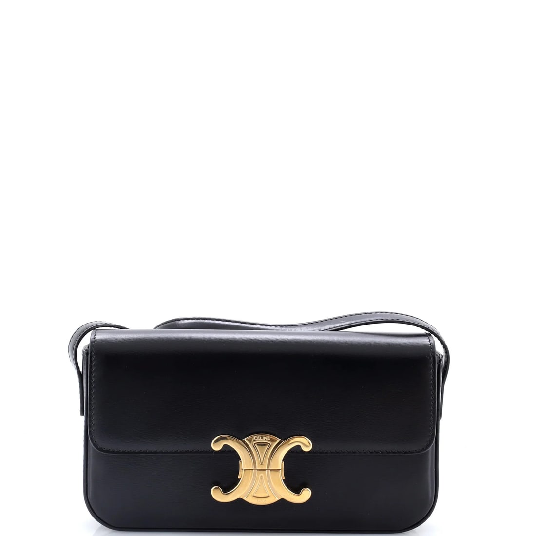 East West Smooth Calfskin Celine Triomphe Bag: East West Smooth Calfskin Celine Triomphe Bag Smooth Calfskin Exterior, Black Leather, Gold Hardware. This East-West Shoulder Bag from Celine boasts sleek lines and sophisticated style, with a