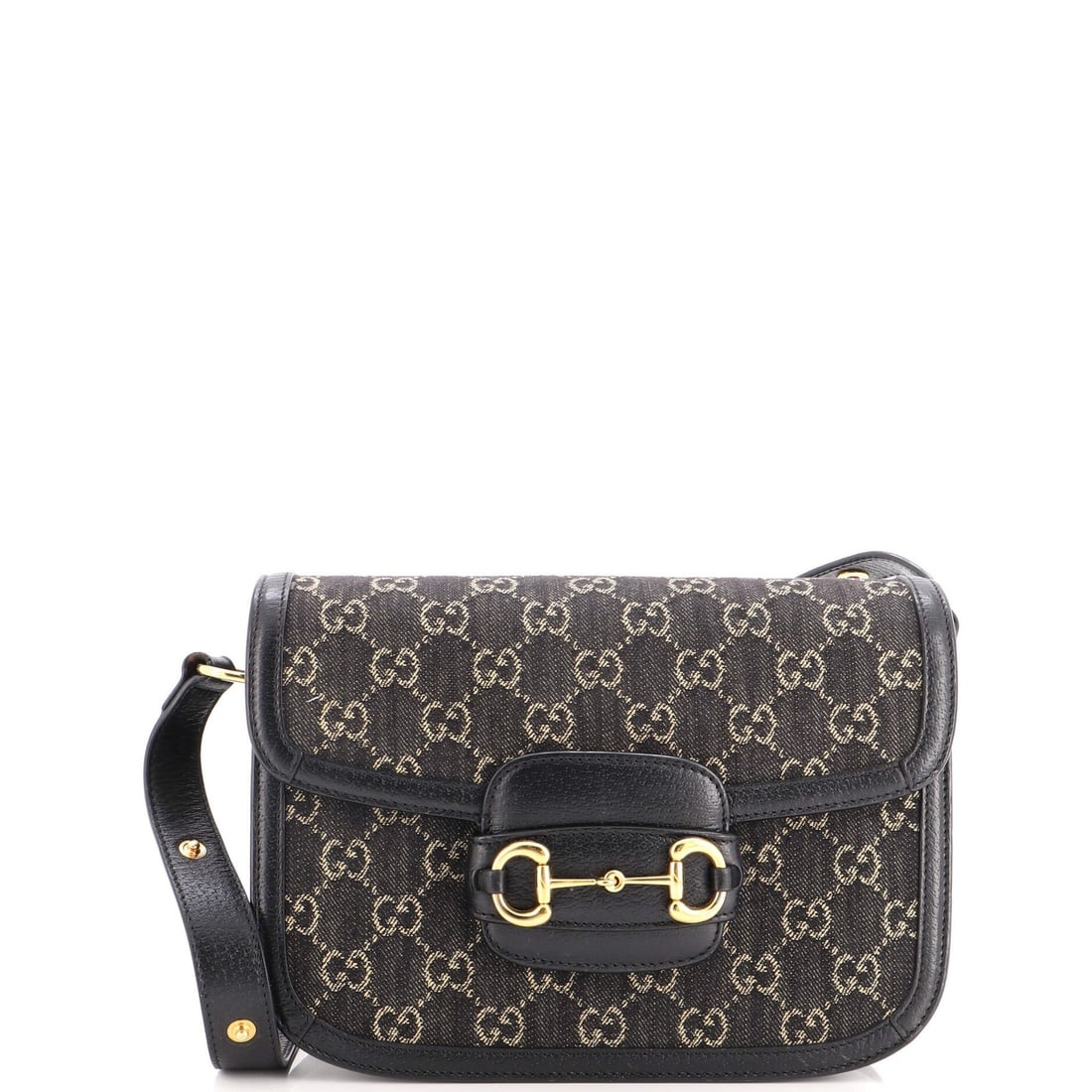 Gucci Horsebit Bag Small GG Denim 1955: Gucci Horsebit Bag Small GG Denim 1955 Small GG Denim Horsebit Bag from Gucci's iconic 1955 collection. This black denim shoulder bag features the signature Horsebit detail and a neutral interior, mak