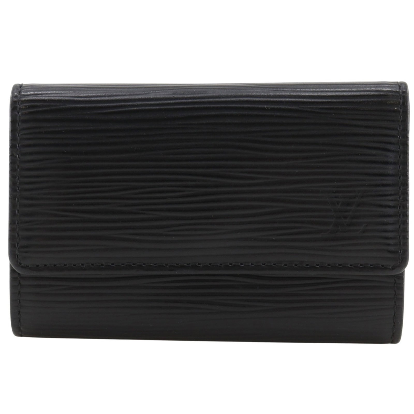 Vuitton Keycase Leather Epi Louis: Vuitton Keycase Leather Epi Louis Black, Noir Epi leather Louis Vuitton Keycase with precise measurements and classic design. Made from high-quality Epi leather, this keycase boasts a sleek and sophis