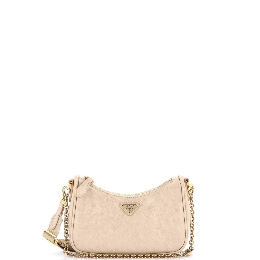 Saffiano leather small shoulder bag re-edition 2005 Prada: Saffiano leather small shoulder bag re-edition 2005 Prada Saffiano leather, a hallmark of Prada's signature style, adorns this re-edition small shoulder bag from 2005. The neutral exterior and interio