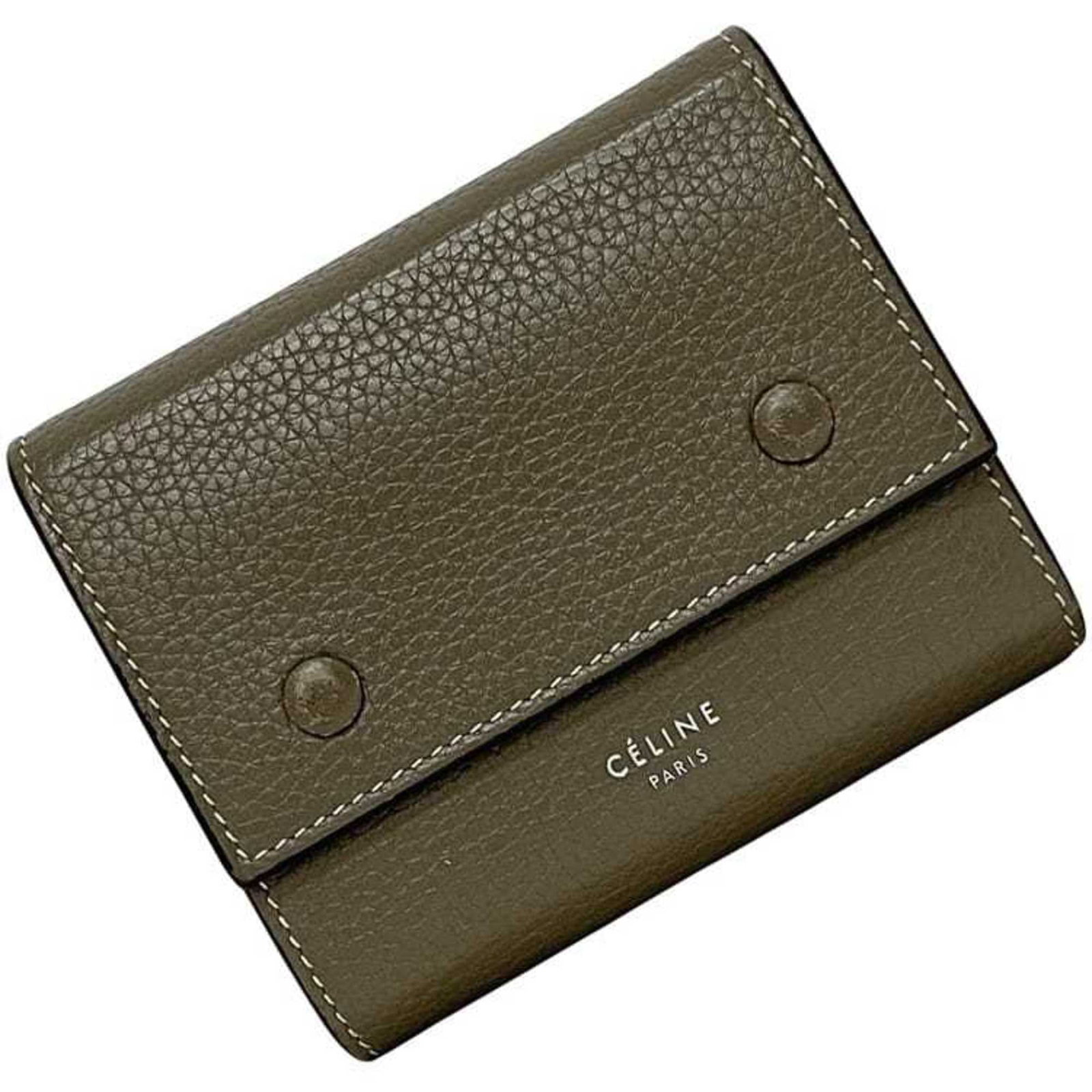 Celine Wallet (Tri-Fold) Leather: Celine Wallet (Tri-Fold) Leather Tri-fold leather wallet from Celine, featuring a sleek gray color and compact design. Made from high-quality leather, the wallet measures 8.7cm x 10.5cm x 2.8cm. Its
